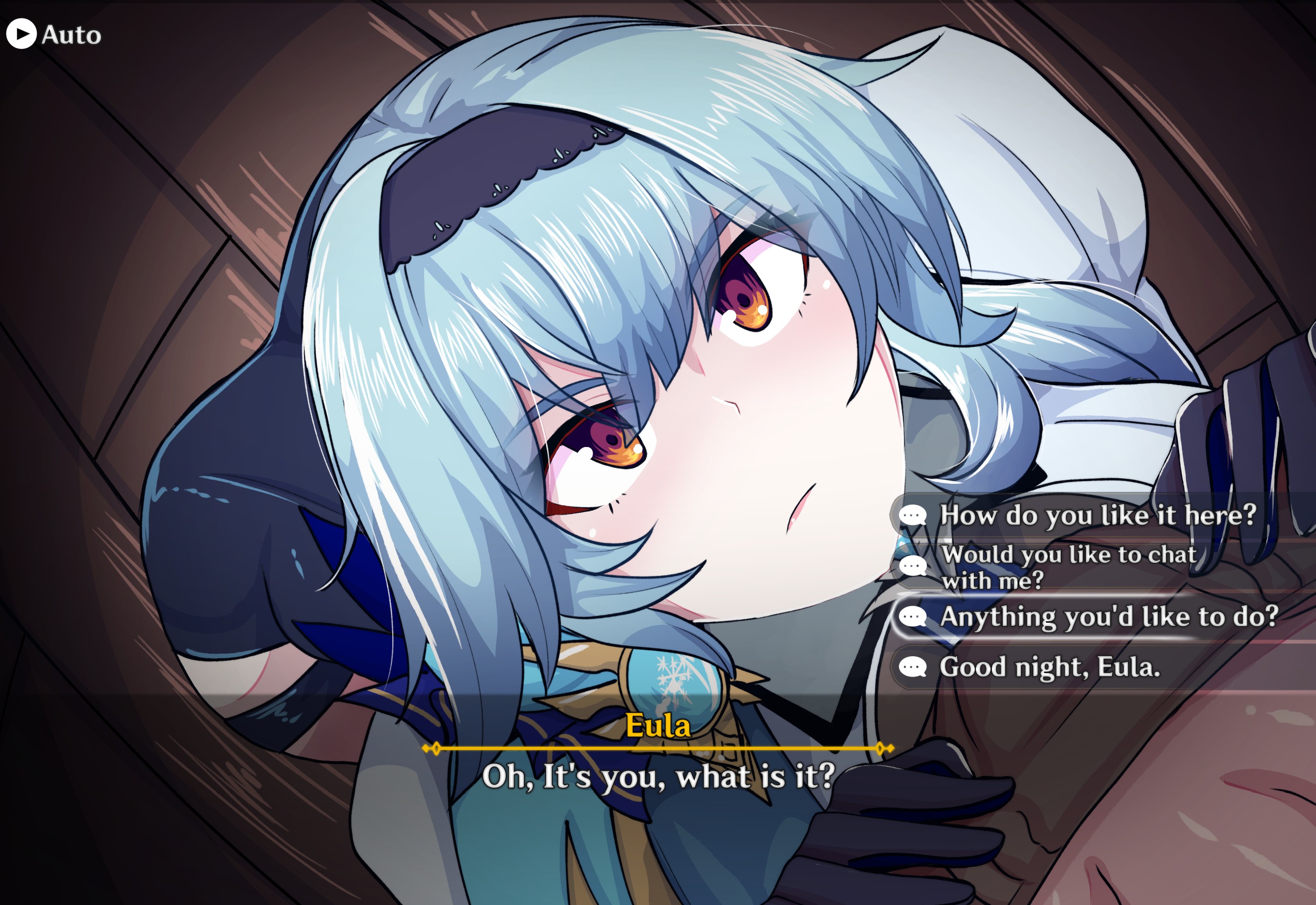 1boy, 1girls, aether (genshin impact), ass, belt, big ass, blue hair, blush, bulge, dialogue, eula (genshin impact), eyes, female, genshin impact, gloves, grimmelkin, hands, looking at partner, male, muscles, sex, short hair, throbbing, trousers, vision (genshin impact)