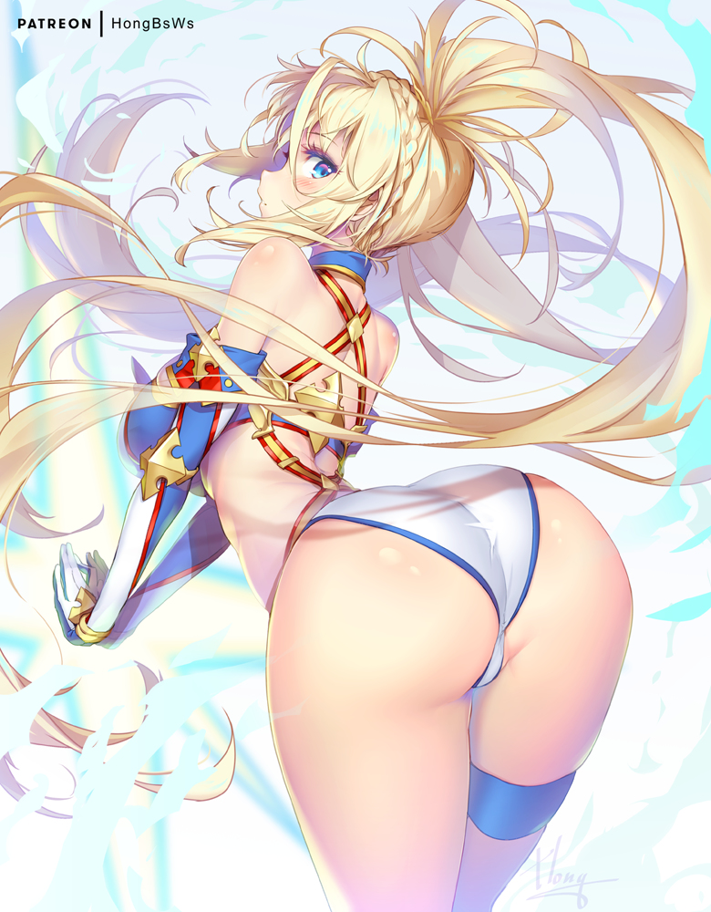 ass, bent over, big ass, big butt, blonde hair, blue eyes, bradamante (fate), curvy, fate (series), fate/grand order, female, hong (white spider), huge ass, huge butt, leotard, long hair, looking back, thigh strap, twintails