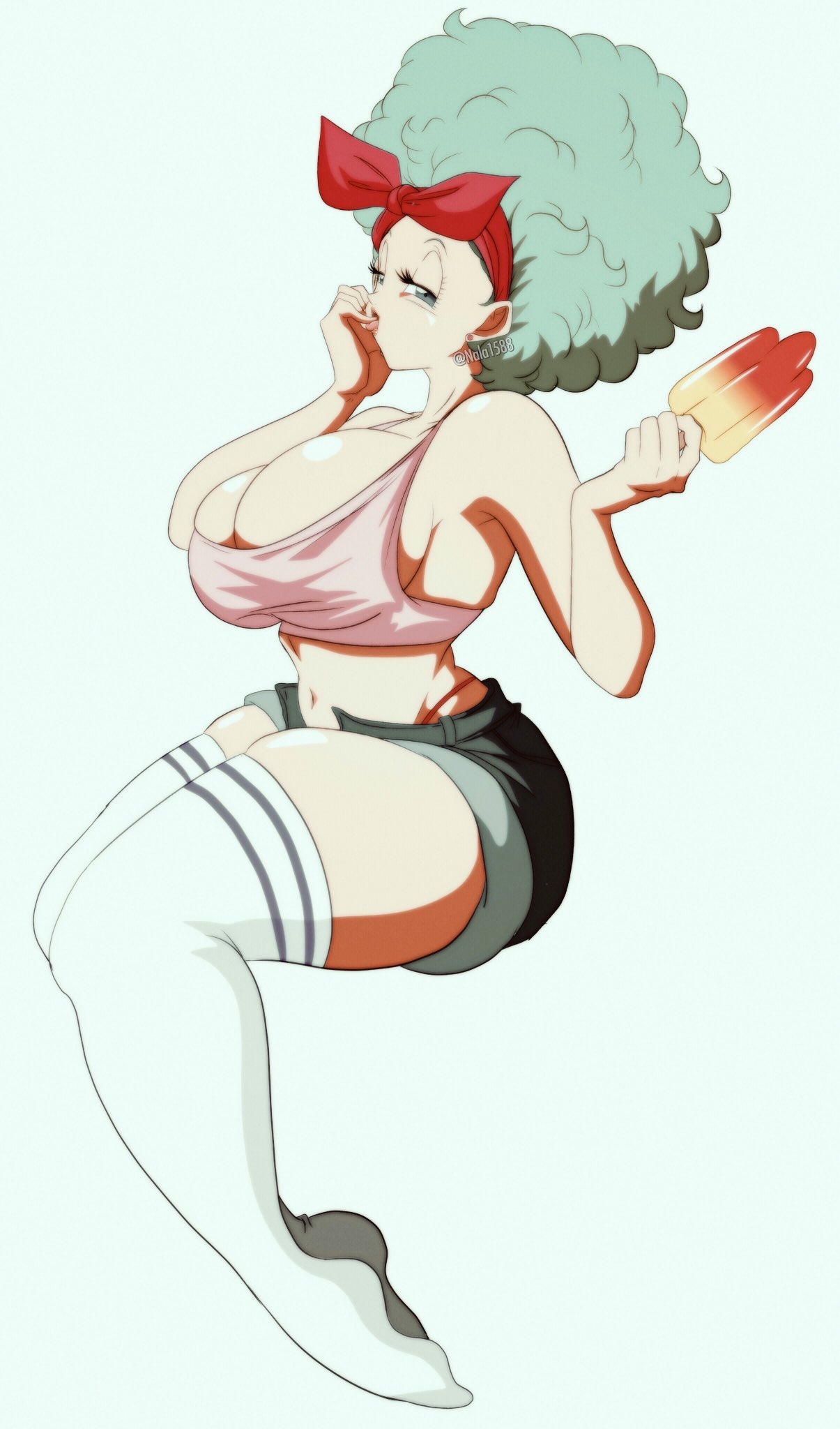 1girls, about to burst, afro, barely contained, barely contained breasts, barely fits, breasts, breasts too big, bulma (afro), bulma briefs, cleavage, clothing, dragon ball, female, female only, huge breasts, imminent wardrobe malfunction, inconvenient boobs, inconvenient breasts, nala1588, popsicle, shounen jump, solo, solo female, thighhighs, tight fit, too tight, undersized clothes, undersized clothing, wardrobe malfunction