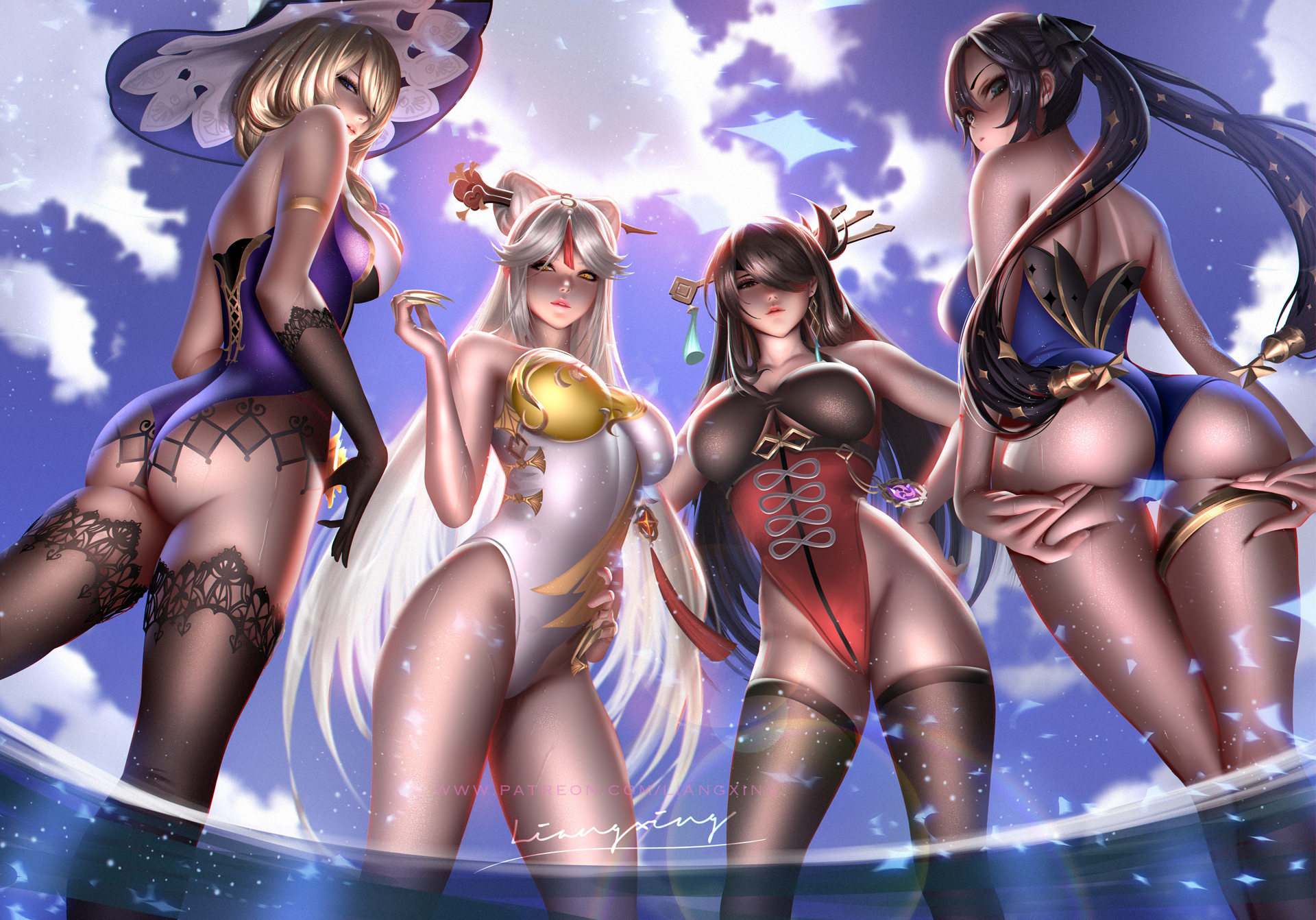 4girls, ass, beidou (genshin impact), big breasts, breasts, curvy, curvy figure, female, female only, genshin impact, hat, large breasts, liang xing, lisa (genshin impact), long hair, looking at viewer, mona (genshin impact), multiple females, multiple girls, ningguang (genshin impact), one-piece swimsuit, swimsuit, thick ass, thick thighs, thighhighs, twintails