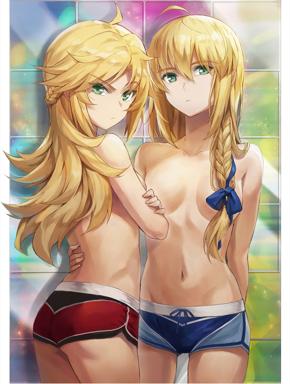 2020s 2021 2girls ahoge alternate_hairstyle arm_around_waist arm_behind_back armpit_crease artoria_pendragon ass back back_view bare_legs belly_button blank_expression blonde blonde_eyebrows blonde_female blonde_hair blonde_hair_female blue_bow blue_shorts bow bow_in_hair braid breasts breasts_apart censored_breasts color convenient_censoring facing_away fanart fate/apocrypha fate/grand_order fate/stay_night fate_(series) father_and_son female female_ass female_focus female_only folded_arms frustrated green_eyes hair_censor hair_covering_breasts hair_covering_nipples hair_down hand_on_another's_back hand_on_back incest long_hair looking_at_viewer looking_back mordred_(fate) mother_and_daughter nipple_censor no_bra pale-skinned_female pale_skin parent_and_child petite pouting red_shorts royalty saber short_shorts shorts side_ponytail simple_background slim_waist small_breasts standing thighs tomboy tonee topless topless_female type-moon white_border