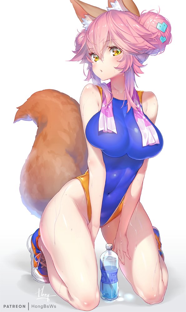 big breasts, blush, breasts, curvy, fate (series), fate/extra, fate/grand order, female, fox ears, fox girl, fox tail, hair bun, hong (white spider), huge breasts, kneeling, light skin, light-skinned female, looking at viewer, one-piece swimsuit, pale skin, pale-skinned female, pink hair, sweat, sweatdrop, tamamo no mae (fate), water bottle, wide hips, yellow eyes