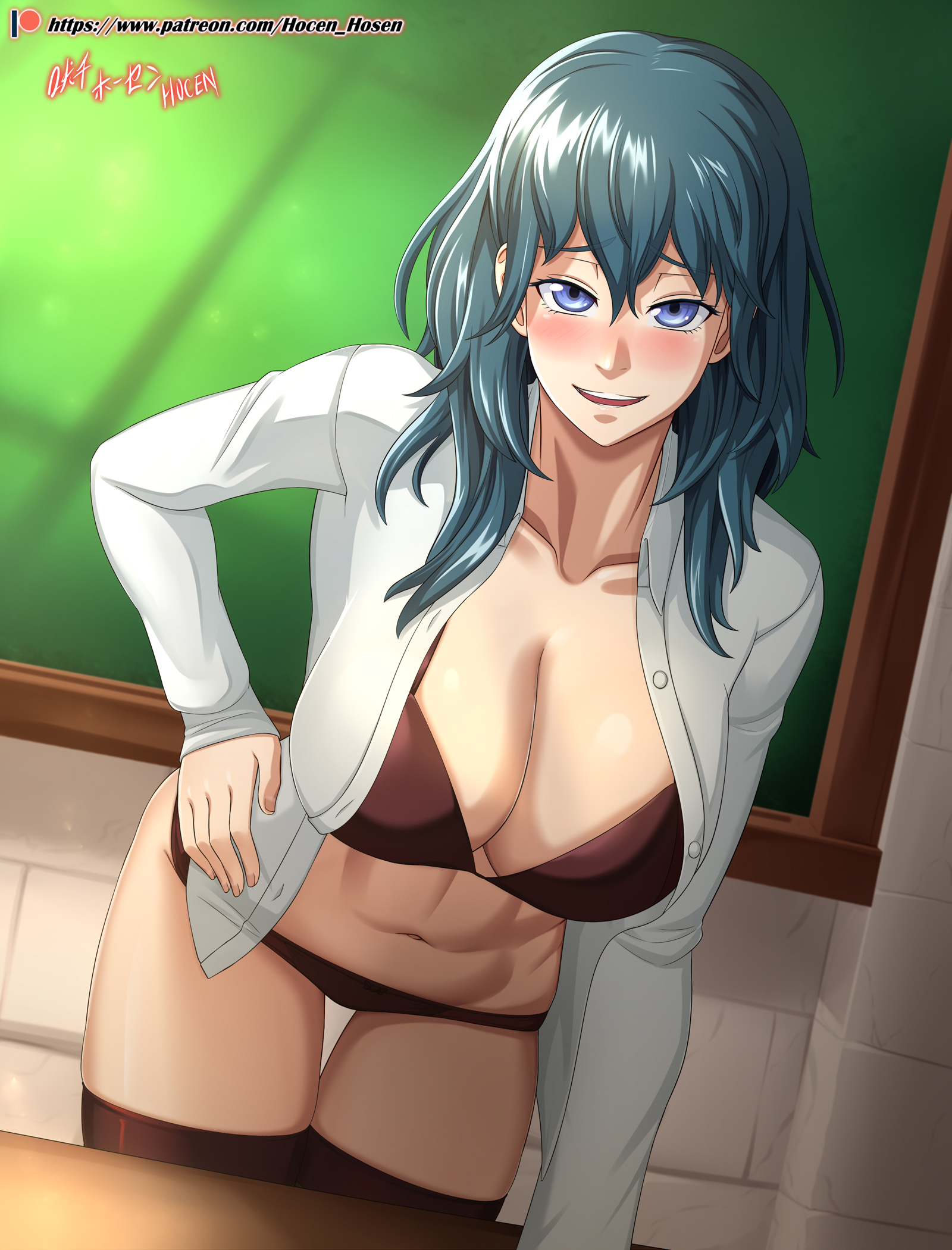 1girls, bare midriff, bare thighs, blue eyes, blue hair, blush, bra, breasts, brown panties, byleth (fire emblem), byleth (fire emblem) (female), chalkboard, classroom, cleavage, female, female protagonist, fire emblem, fire emblem heroes, fire emblem: three houses, hand on hip, highres, hocen, large breasts, looking at viewer, nintendo, open clothes, open mouth, open shirt, open smile, panties, shirt, shy smile, smile, solo, teacher, teal hair, thighhighs, thighs, watermark, web address, white shirt, whiteboard