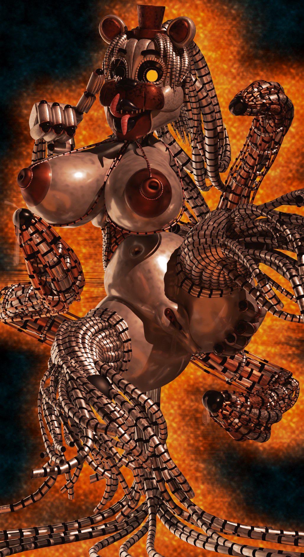 3d, 3d (artwork), big breasts, breasts, female, female only, five nights at freddy's, grey skin, molten freddy, pussy, rule 63, solo, solo female, wires