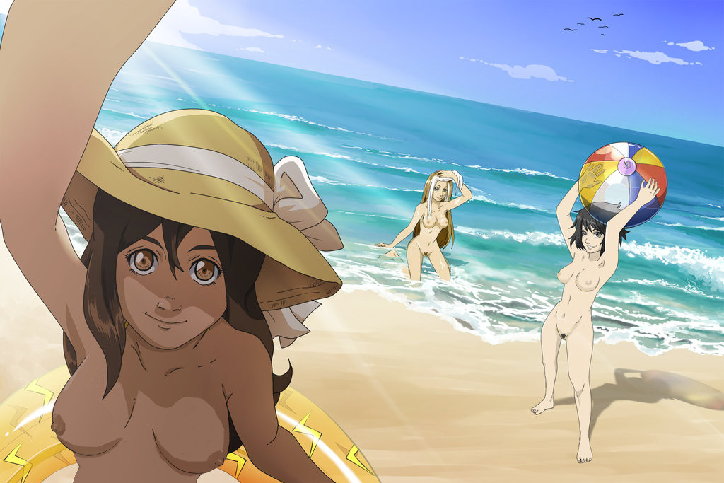 3girls anna_marie beach beach_ball black_hair brown_hair brown_skin casual green_eyes hazel_eyes headwear jubilation_lee jubilee kamala_khan large_breasts long_hair looking_at_viewer marvel marvel_comics medium_breasts ms._marvel multicolored_hair naked nude nude_beach nude_female palmtop-peanut rogue_(x-men) seaside sunhat teen white_hair x-men