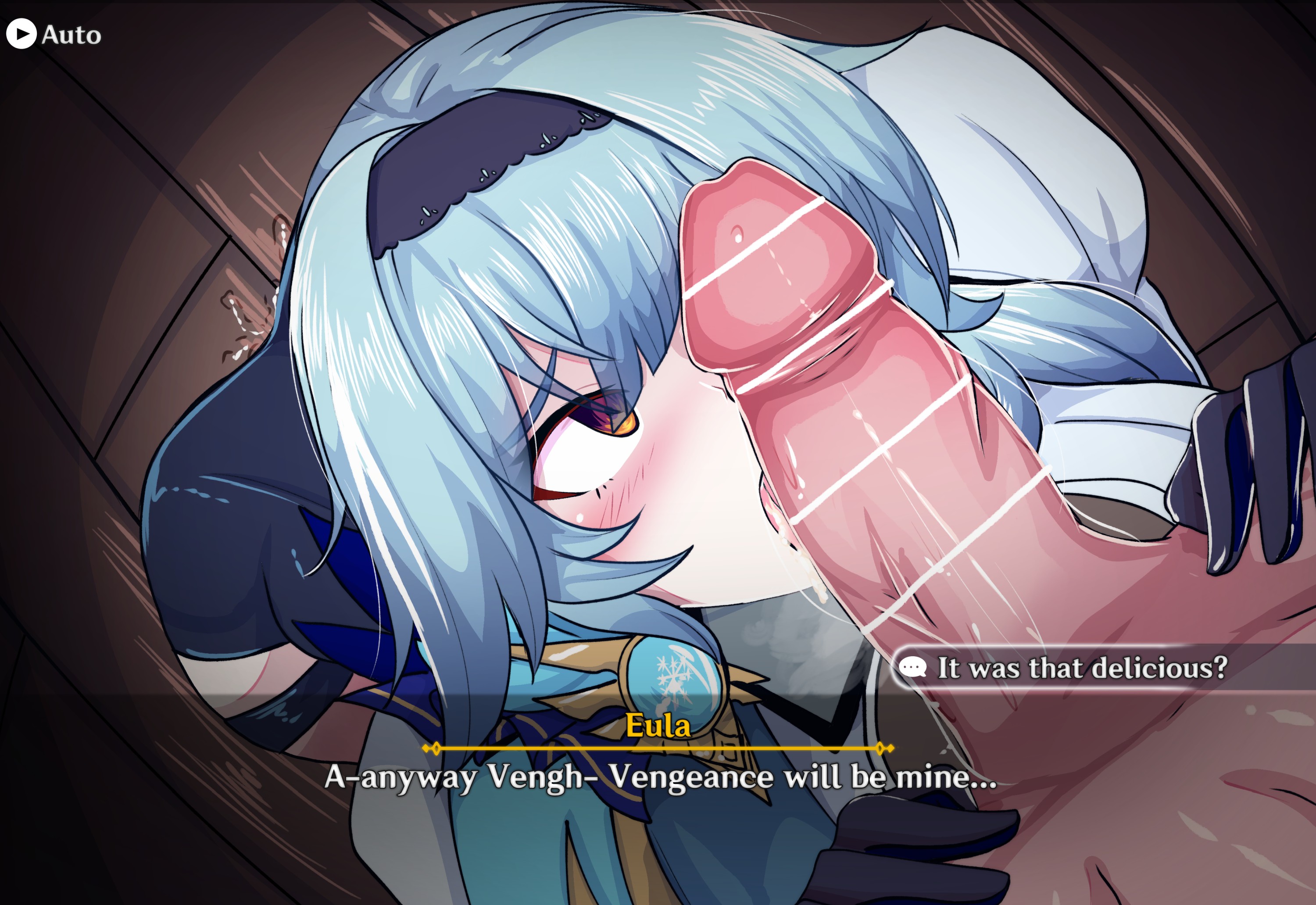 1boy, 1girls, aether (genshin impact), ass, big breasts, blue hair, blush, boots, breasts, censored, cleaning cock, cum, dialogue, eula (genshin impact), eyes, female, floor, genshin impact, gloves, grimmelkin, hands, heat, holding, huge ass, licking, looking at penis, male, muscles, penis, penis awe, penis out, saliva, saliva on penis, saliva trail, short hair, squirt, squirting, vision (genshin impact)