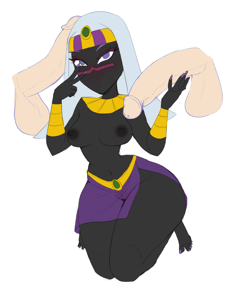 1girls, 2boys, big breasts, black skin, breasts, duck dodgers, female, handjob, legoman, looney tunes, male, martian, peace sign, queen tyr'ahnee, tease, teasing, thick thighs, unseen male face, white hair