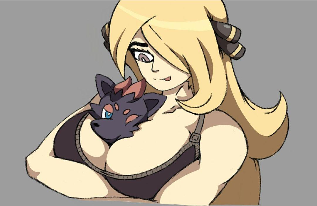 :p alternate_breast_size big_breasts blonde_hair bra breasts cynthia_(pokemon) game_freak grey_background hair_over_one_eye huge_breasts inside_breasts large_breasts looking_down multiple_versions nintendo pokemon thighnoon tongue_out