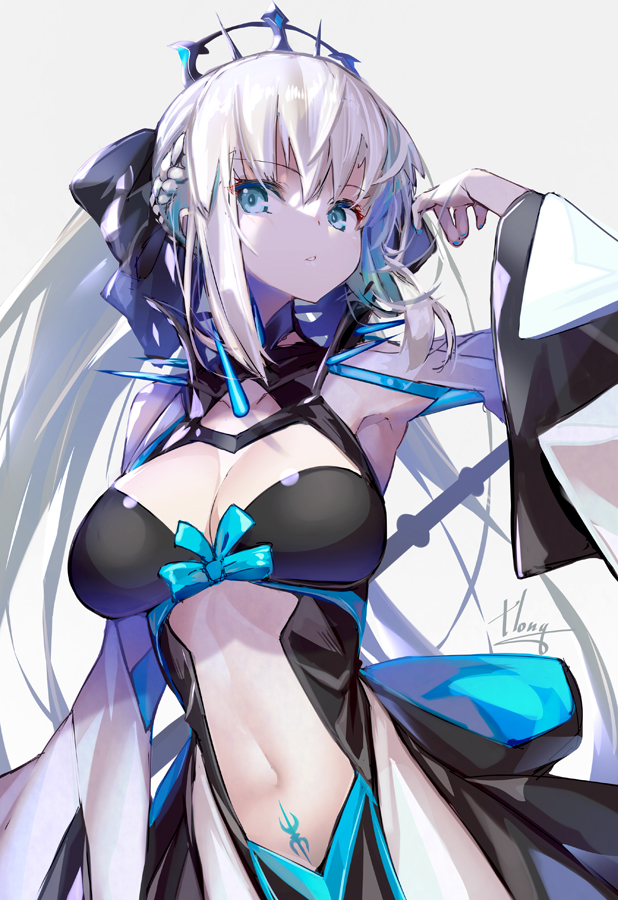 arm up, big breasts, breasts, crown, dress, fate (series), fate/grand order, female, green eyes, hair ribbon, hong (white spider), long hair, midriff, morgan le fay (fate), silver hair, white hair