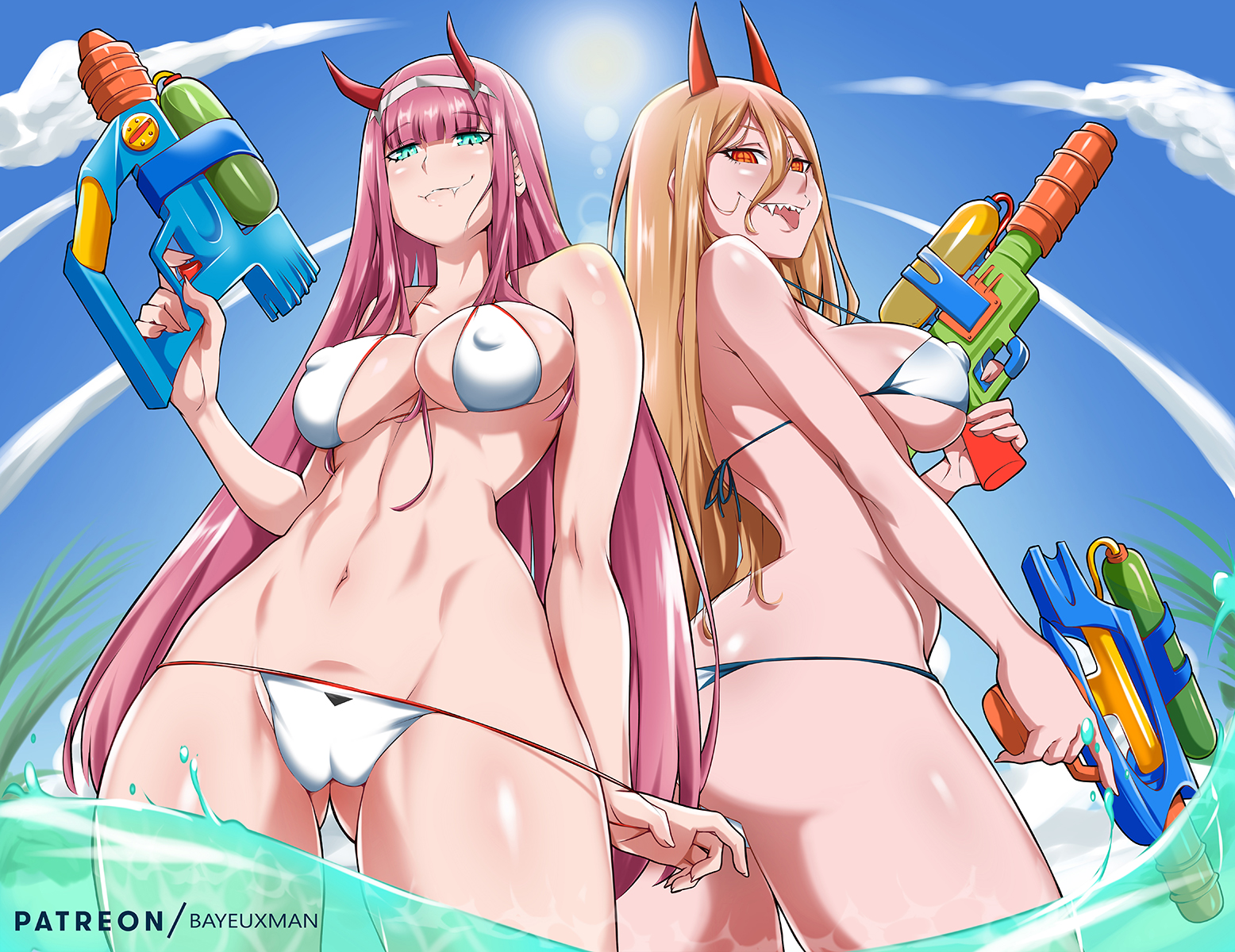 2girls, bayeuxman, beach, big breasts, bikini, blonde hair, breasts, chainsaw man, crossover, curvy figure, darling in the franxx, female, female only, horns, long hair, micro bikini, nipples, pink hair, power (chainsaw man), sideboob, thick thighs, zero two (darling in the franxx)