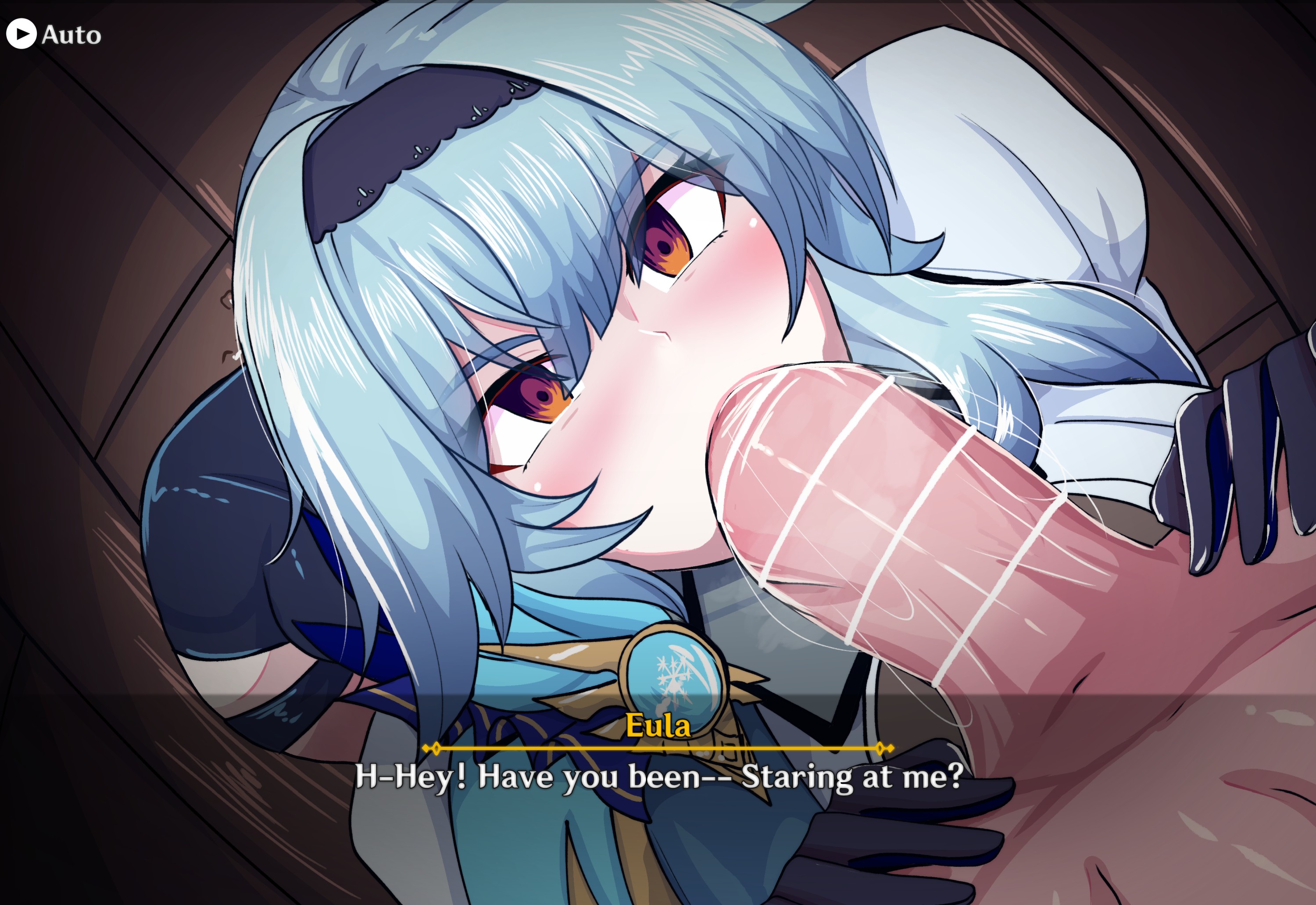 1boy, aether (genshin impact), angry face, ass, big breasts, blowjob, blush, breasts, dialogue, eula (genshin impact), fellatio, female, genshin impact, gloves, grimmelkin, hands, holding, huge ass, looking at partner, male, oral, penis, saliva, saliva on penis, saliva string, saliva trail, squirt, vision (genshin impact)
