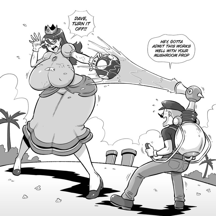 ass_expansion breast_expansion comic cosplay female female_focus fludd isabelle_(jaw) just-add-water99 male mario_(cosplay) mario_(series) monochrome mushroom original original_character princess_daisy_(cosplay) super_mario_bros. super_mario_sunshine water