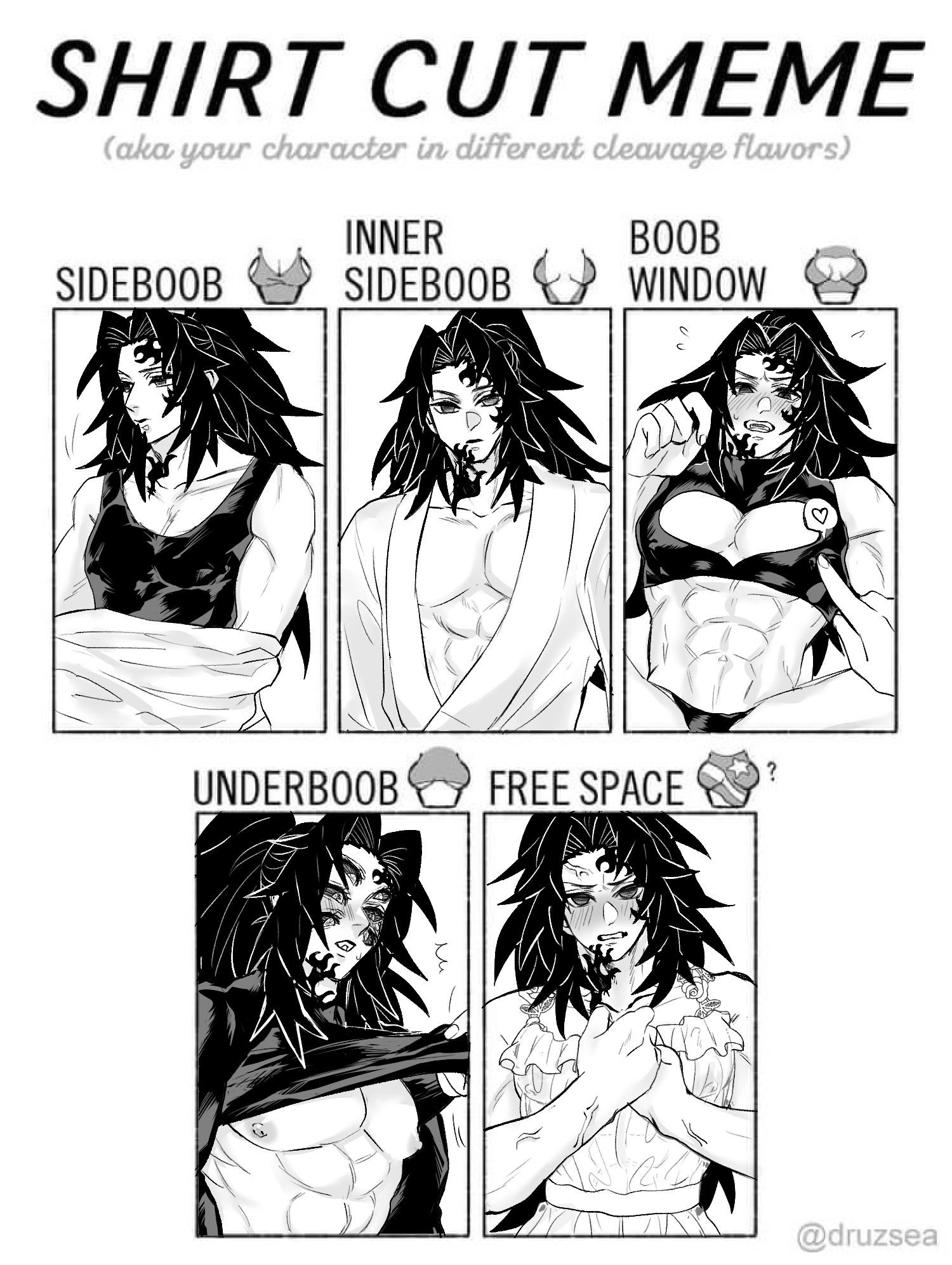 1boy, abs, apron, blush, crossdressing, dark hair, demon slayer, druzsea, embarrassed, erect nipples, erect nipples under clothes, exposed nipples, facial markings, kimetsu no yaiba, kokushibo, line art, long hair, male, male only, michikatsu tsugikuni, muscular, muscular male, nipples, pecs, ponytail, shirt cut meme, shirt lift, shirt pull, sweat, text, veiny arms