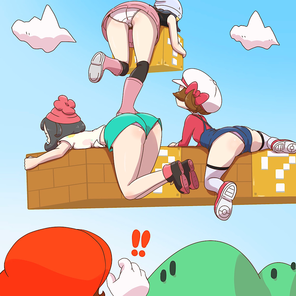 ? block, 1boy, 3girls, ass, ass hanging out of shorts, boots, crossover, dawn (pokemon), female, human, lyra (pokemon), male, mario, mario (series), microsd (artist), nintendo, panties, pokemon, pokemon dppt, pokemon gsc, pokemon sm, selene (pokemon), short shorts, shorts, super mario bros., upskirt