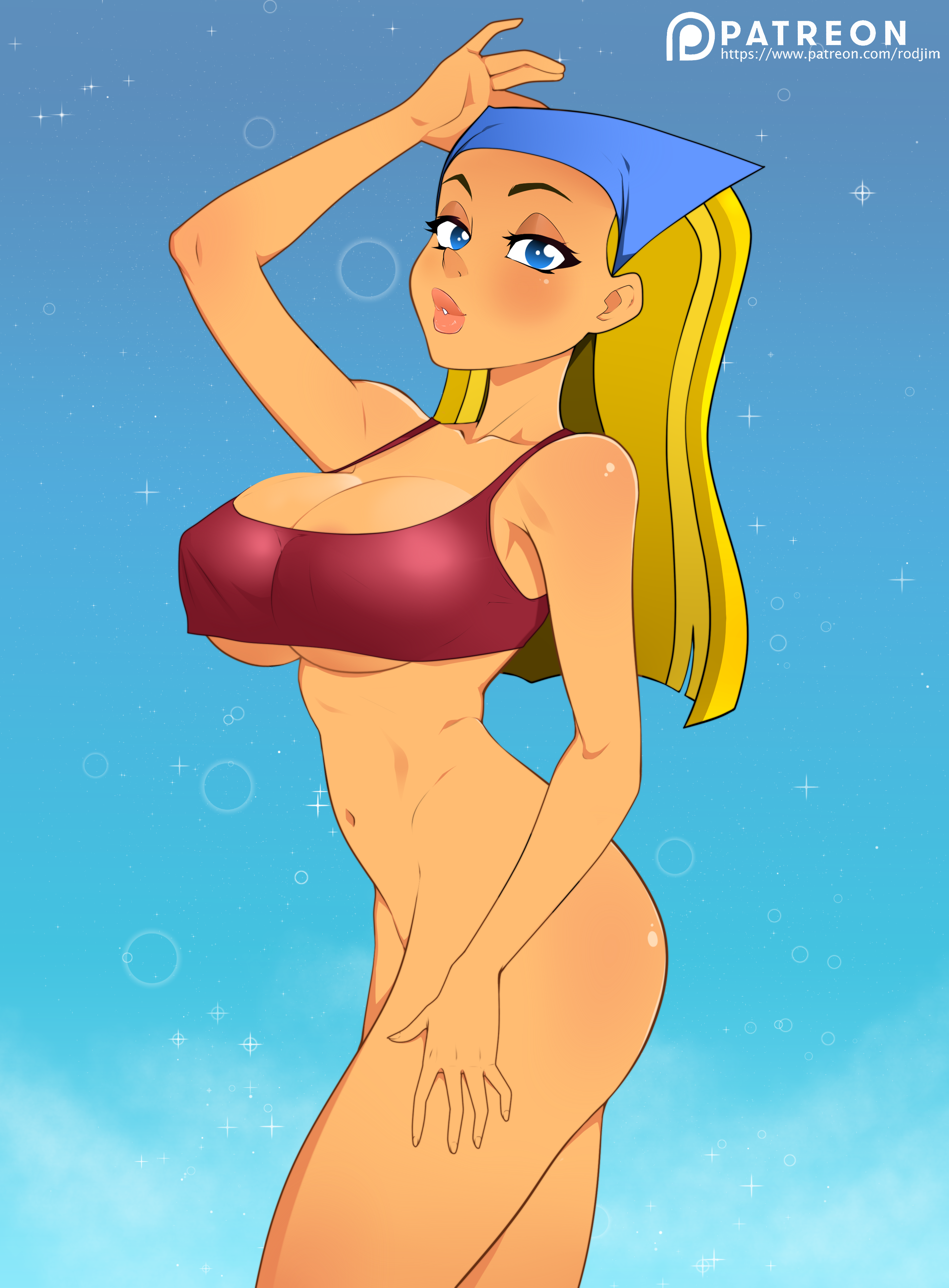 blonde hair, hair ornament, lindsay (tdi), partially clothed, rodjim, sports bra, tight clothing, total drama island