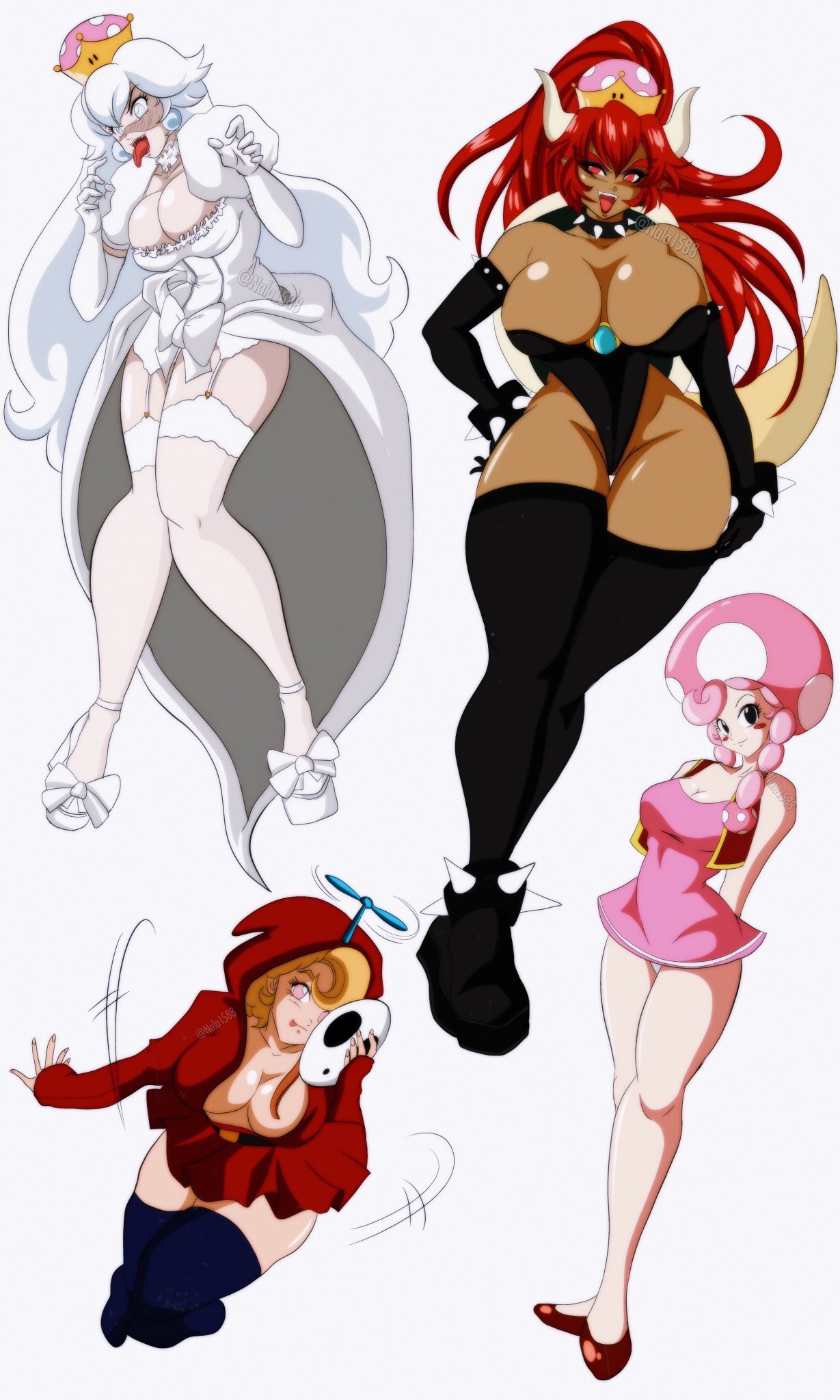 4girls boosette bowsette breasts cleavage female female_only fly_guy hourglass_figure huge_breasts humanized mario_(series) multiple_girls nala1588 new_super_mario_bros._u_deluxe nintendo red_bowsette rule_63 shy_gal stockings super_mario_bros. thick_thighs thighhighs toadette white_background wide_hips