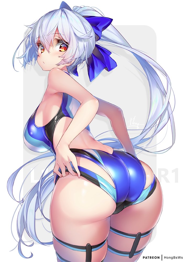 ass, bent over, big ass, big breasts, big butt, breasts, fate (series), fate/grand order, female, hair ribbon, hong (white spider), huge ass, huge butt, light skin, light-skinned female, looking back, one-piece swimsuit, pale skin, pale-skinned female, ponytail, silver hair, swimsuit, thick thighs, thigh strap, tomoe gozen (fate), tomoe gozen (swimsuit saber)