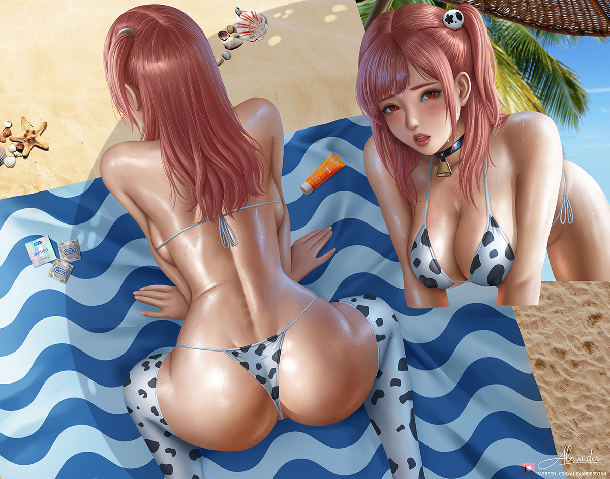 1girls, alexander dinh, ass, back, beach, bikini, cow print, cow print bikini, dead or alive, female, female only, honoka (doa), solo, solo female, swimsuit
