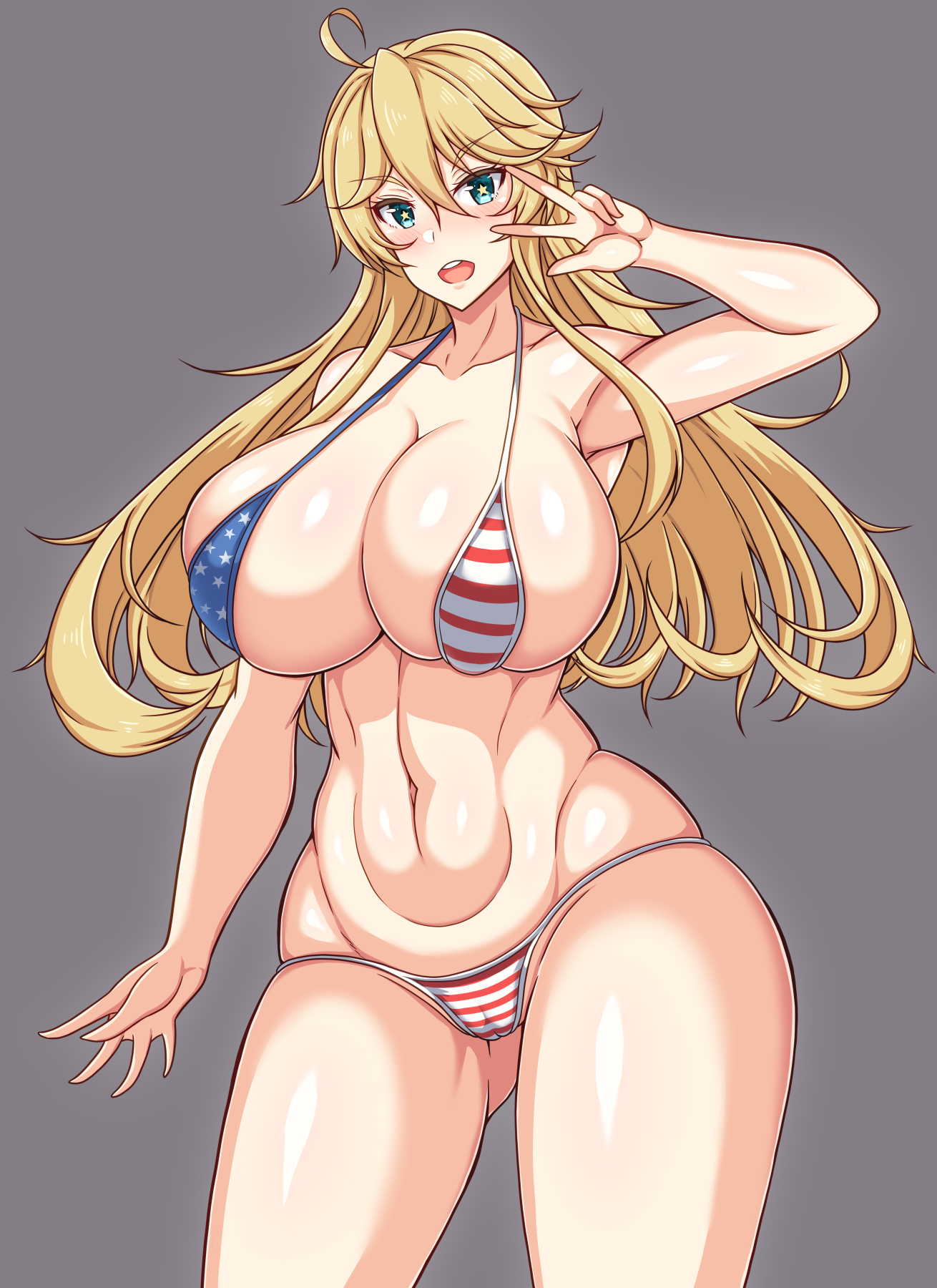 1girls, american flag, american flag bikini, bare shoulders, bikini, blonde hair, blue eyes, breasts, busty, cleavage, collarbone, curvy, eyebrows visible through hair, female, flag print, gluteal fold, hair between eyes, hi res, high resolution, highres, huge breasts, iowa (kantai collection), kantai collection, long hair, looking at viewer, midriff, navel, open mouth, pechita, simple background, skindentation, solo, star (symbol), star-shaped pupils, stomach, swimsuit, symbol-shaped pupils, thick thighs, thighs, v, voluptuous