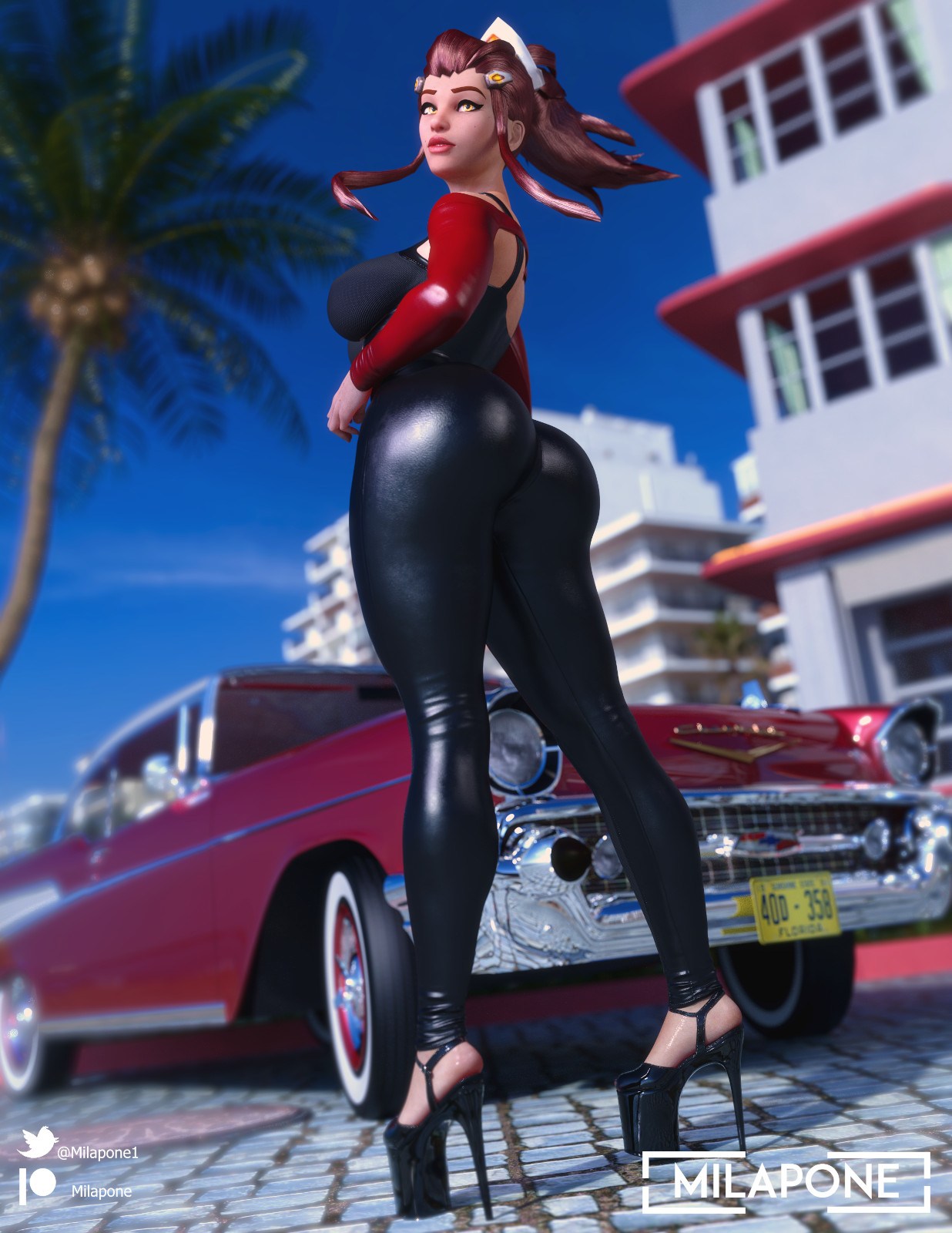 3d, ass, brigitte, car, female, fully clothed, high heels, leggings, legs, milapone, overwatch, platform heels, solo