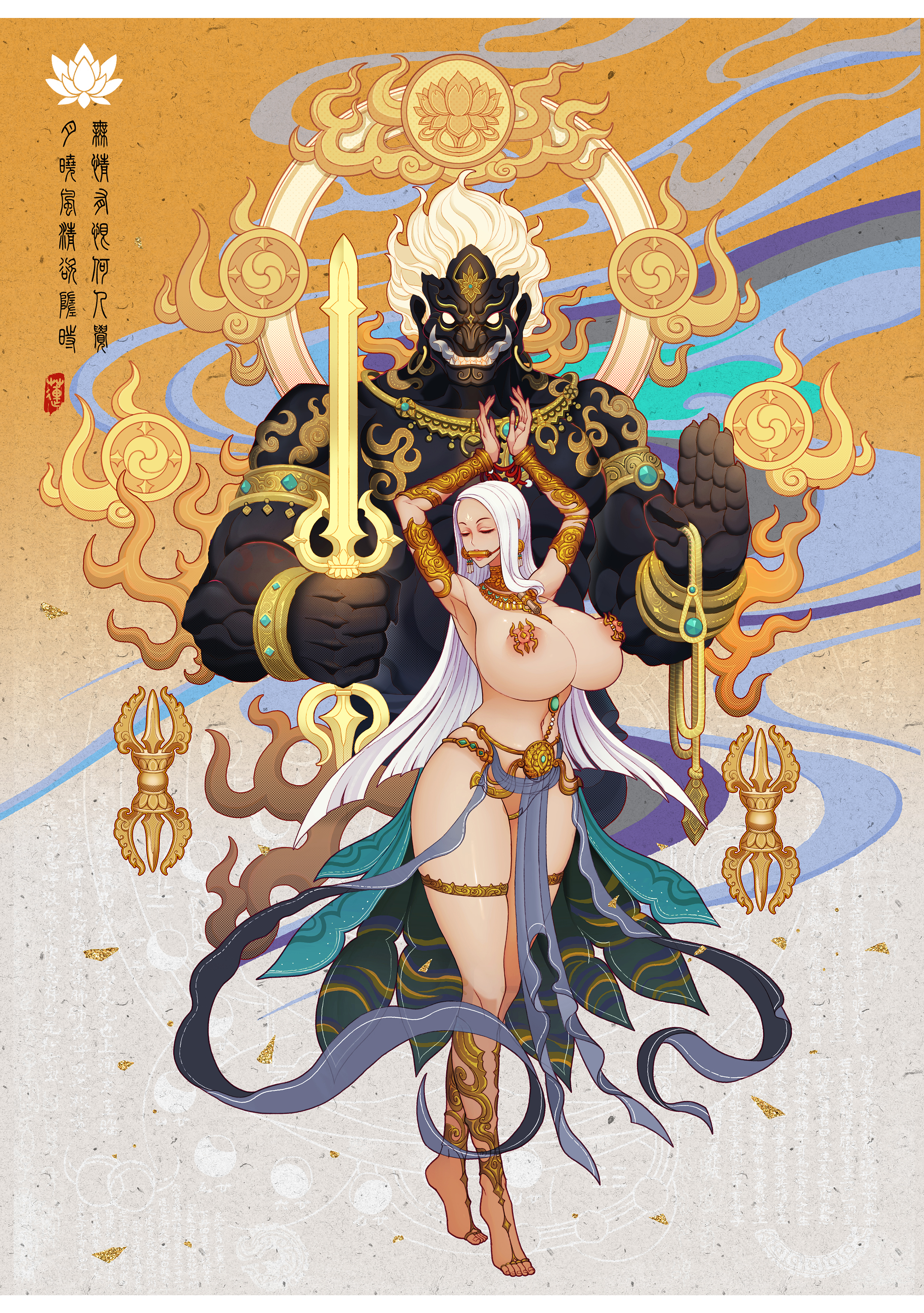 1girls, asian, asian mythology, bindi, closed eyes, earrings, eyeliner, female, gag, gold, gold jewelry, l axe, nipple piercing, nipples, oni, piercing, t-bar nipple piercing, thighs, white hair