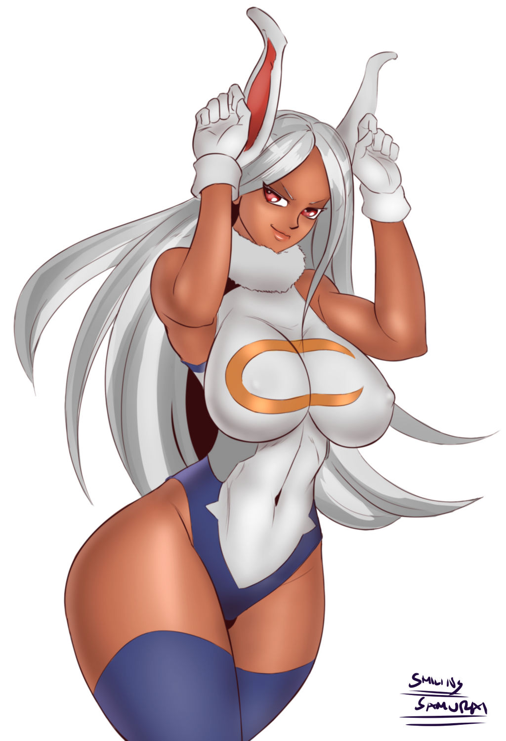 1girls bare_thighs breasts bunny_ears bunny_ears_(gesture) clothed dark-skinned_female dark_skin female female_only fully_clothed gloves hero_outfit_(mha) hourglass_figure large_breasts long_hair looking_at_viewer miruko my_hero_academia navel nipples nipples_visible_through_clothing plain_background rabbit_ears red_eyes rumi_usagiyama skin_tight smile smiling_samurai smirk solo thick_thighs thighhighs white_background white_hair wide_hips