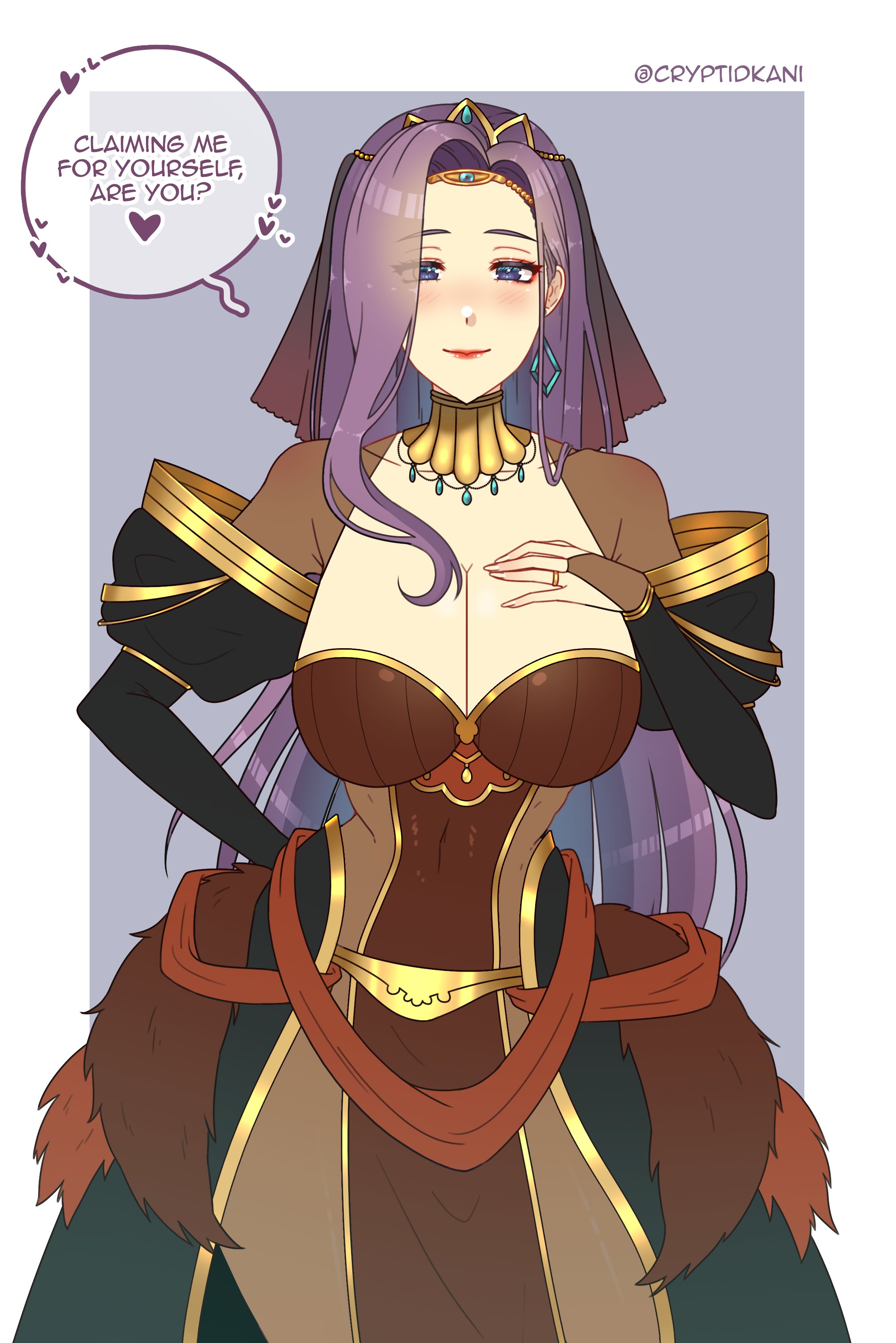 1girls, alternate costume, blue eyes, bodystocking, breasts, bridal veil, bride, cleavage, collarbone, cryptid crab, earrings, english text, female, fire emblem, fire emblem echoes: shadows of valentia, fully clothed, large breasts, lips, long hair, looking at viewer, nintendo, purple hair, ring, see-through, smile, solo, solo female, sonya (fire emblem), text, thick thighs, veil, very long hair, wedding dress, wedding ring