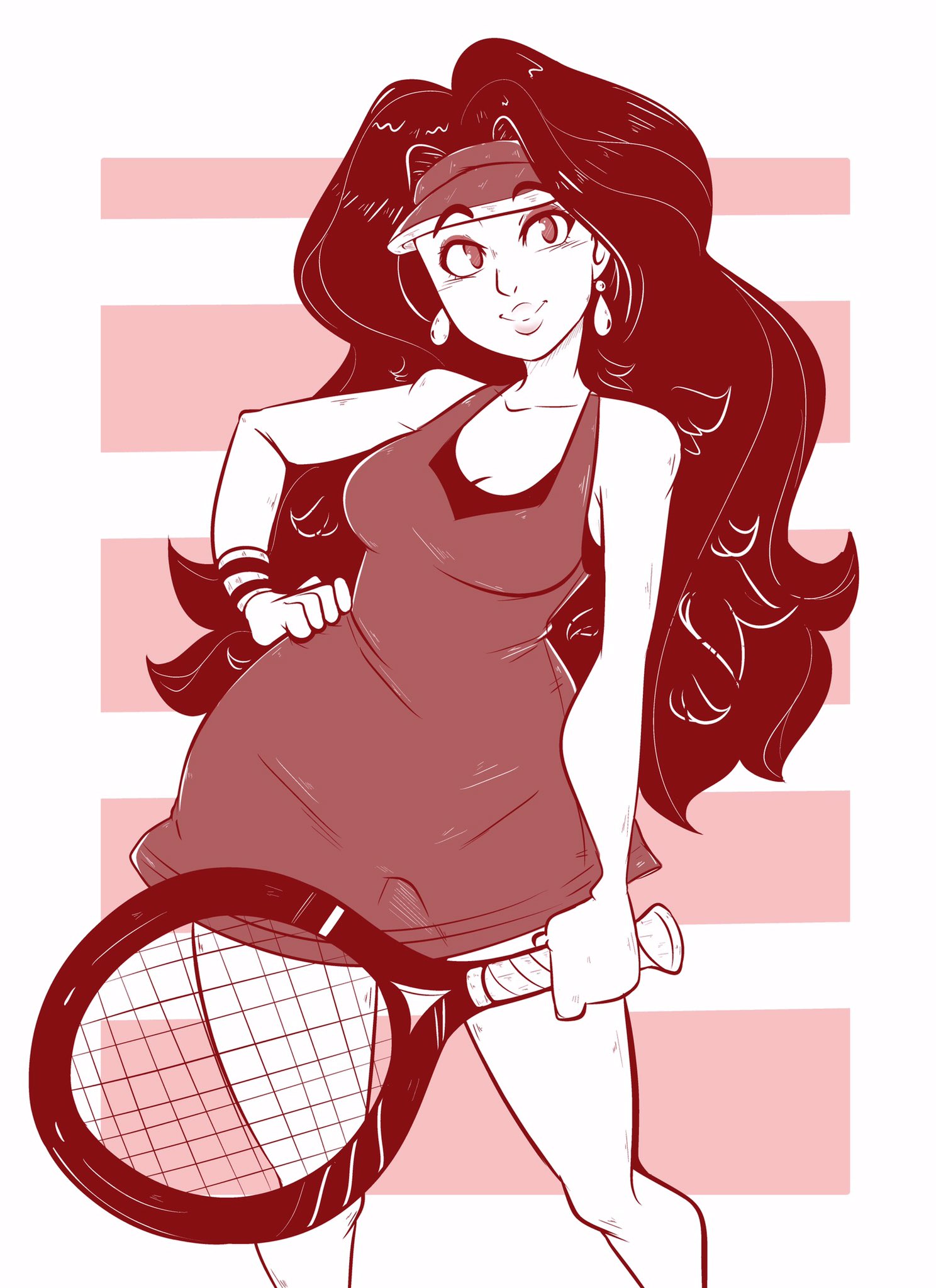 breasts, cleavage, curvy, earrings, female, fully clothed, mario (series), mario tennis, monochrome, nintendo, pauline, stunnsfw, tennis, tennis racket, thick thighs, thighs