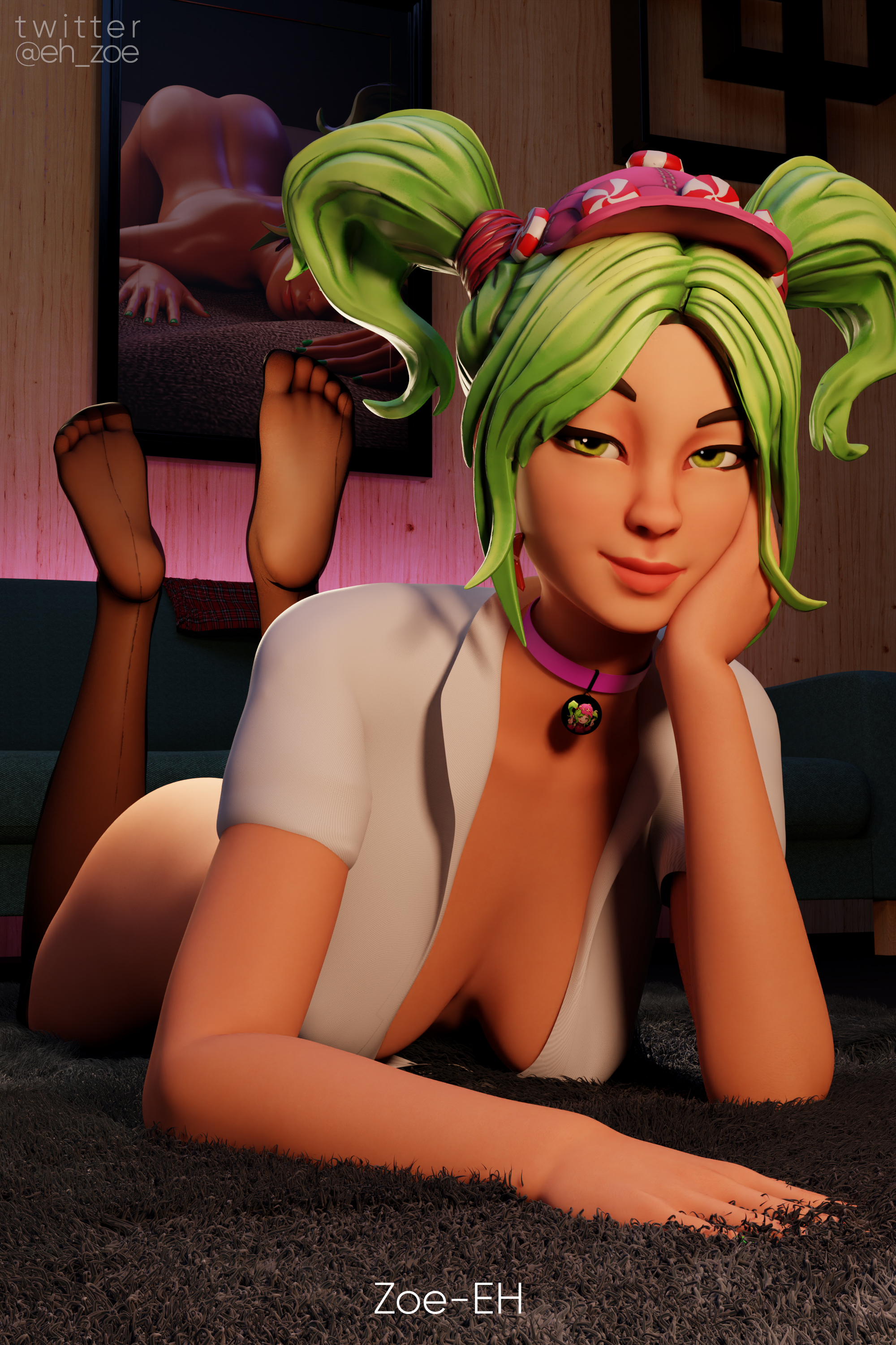 3d, feet, feet up, foot fetish, fortnite, fortnite: battle royale, green eyes, green hair, school uniform, stockings, tagme, the pose, zoe-eh, zoey (fortnite)