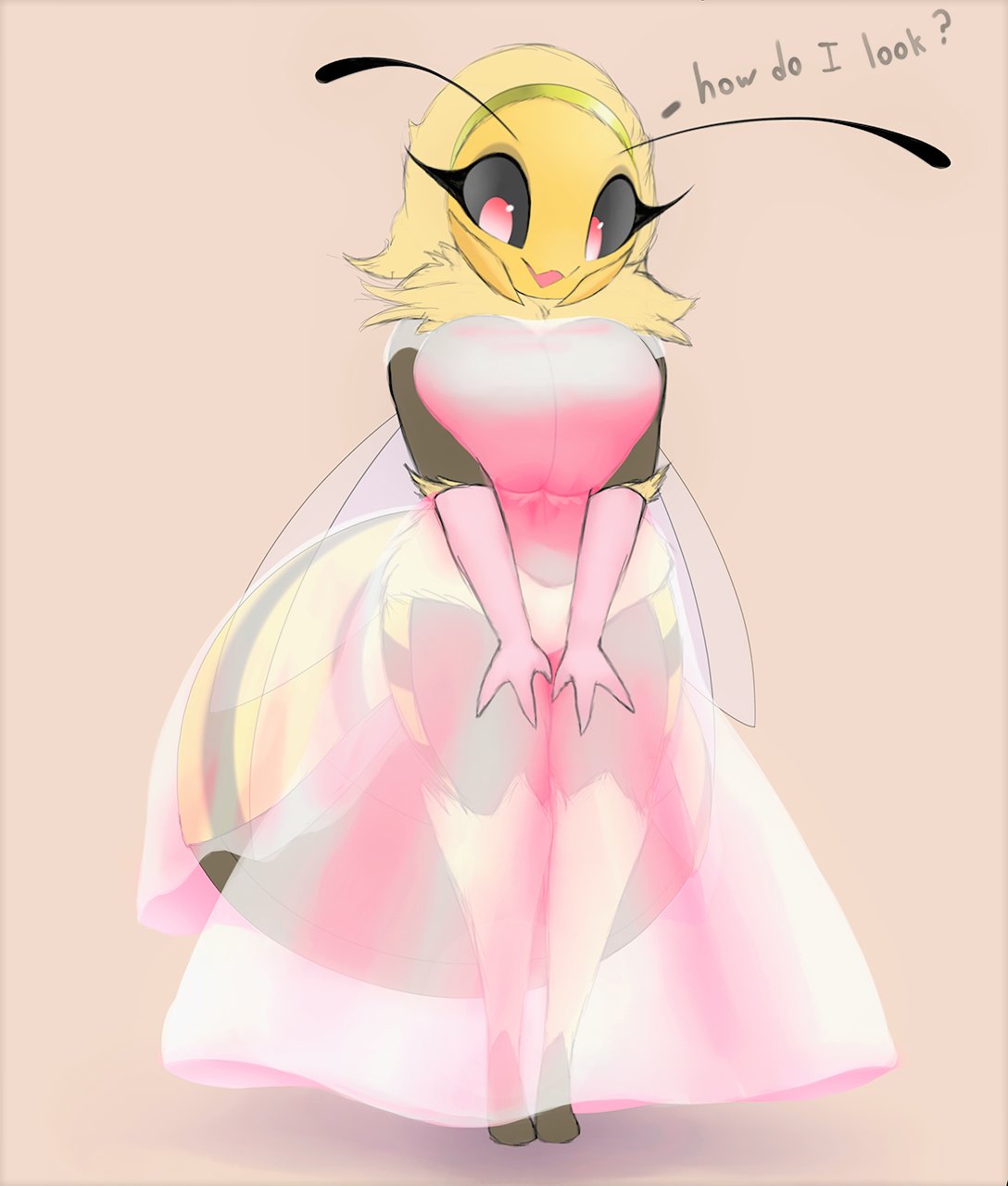 1girls, anthro, bee, black body, black fur, blossom (thousandfoldfeathers), breasts, clothed, cute, cute face, dress, female, female only, huge breasts, large breasts, pink dress, solo, solo female, thousandfoldfeathers, wholesome, yellow body, yellow fur