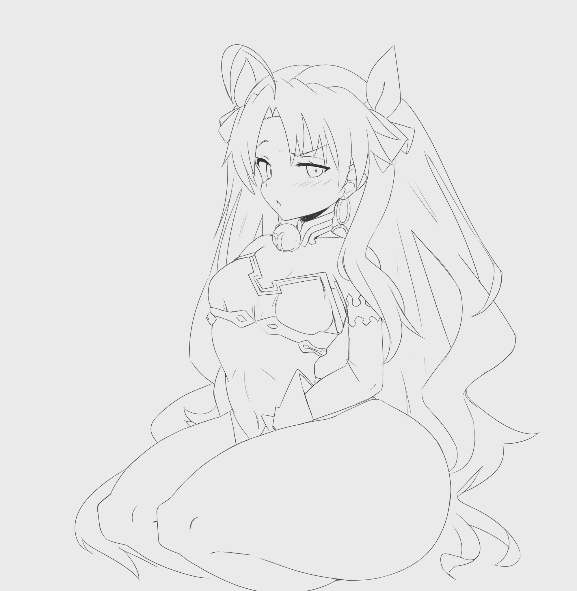 ass, barely clothed, blush, bottom heavy, breasts, curvy, earrings, fate (series), fate/grand order, female, flat chest, hair ribbon, huge ass, huge thighs, hyper thighs, ishtar (fate/grand order), kazuya zoey, kneeling, looking at viewer, midriff, sketch, small breasts, thick thighs, thunder thighs, tsundere, twintails