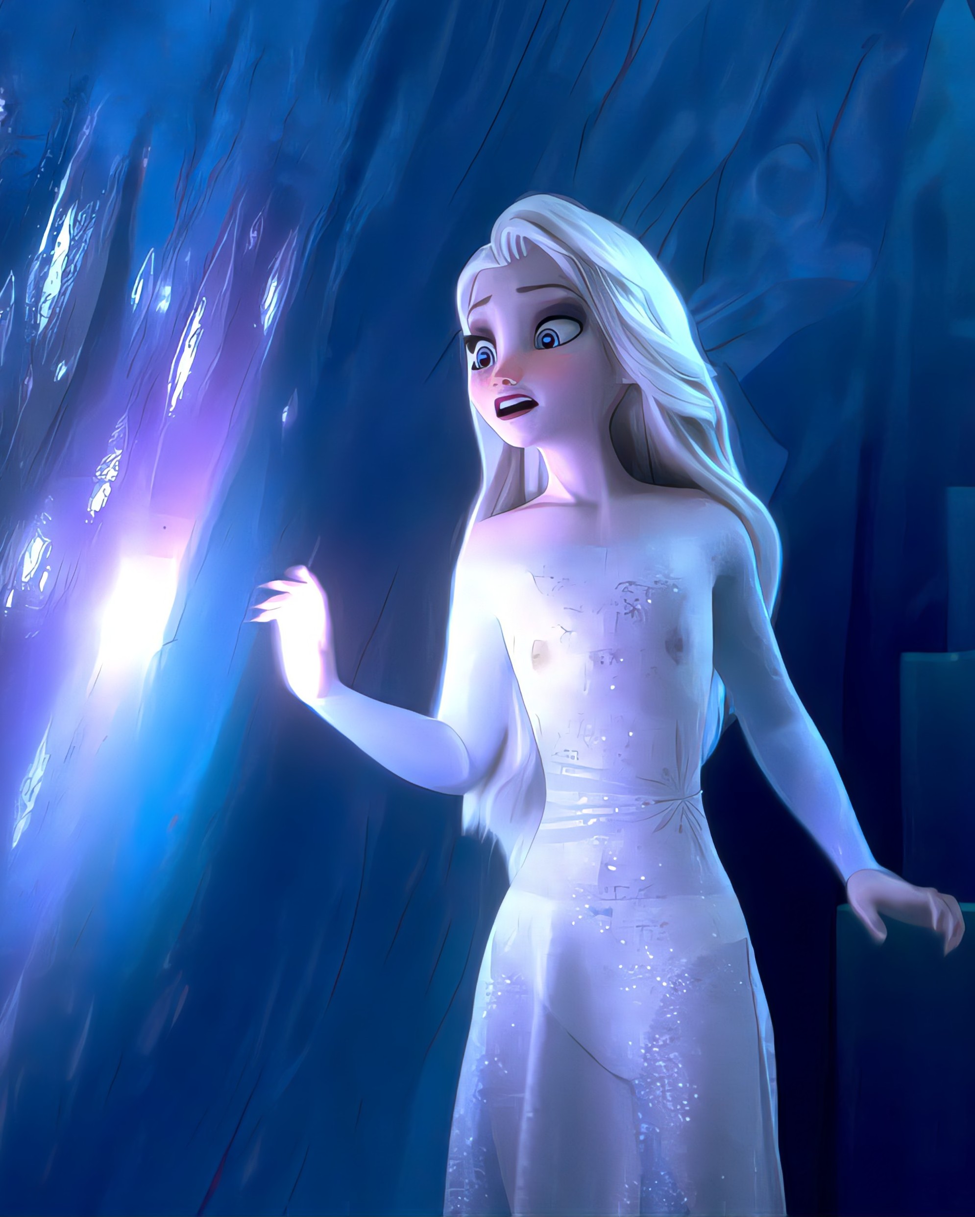 1girls, disney, dress, elsa (frozen), female, flat chest, frozen (film), frozen 2, kyle phalanx, nipples, nipples visible through clothing, panties, see-through, see-through clothing, solo, underwear, voyeur, white panties