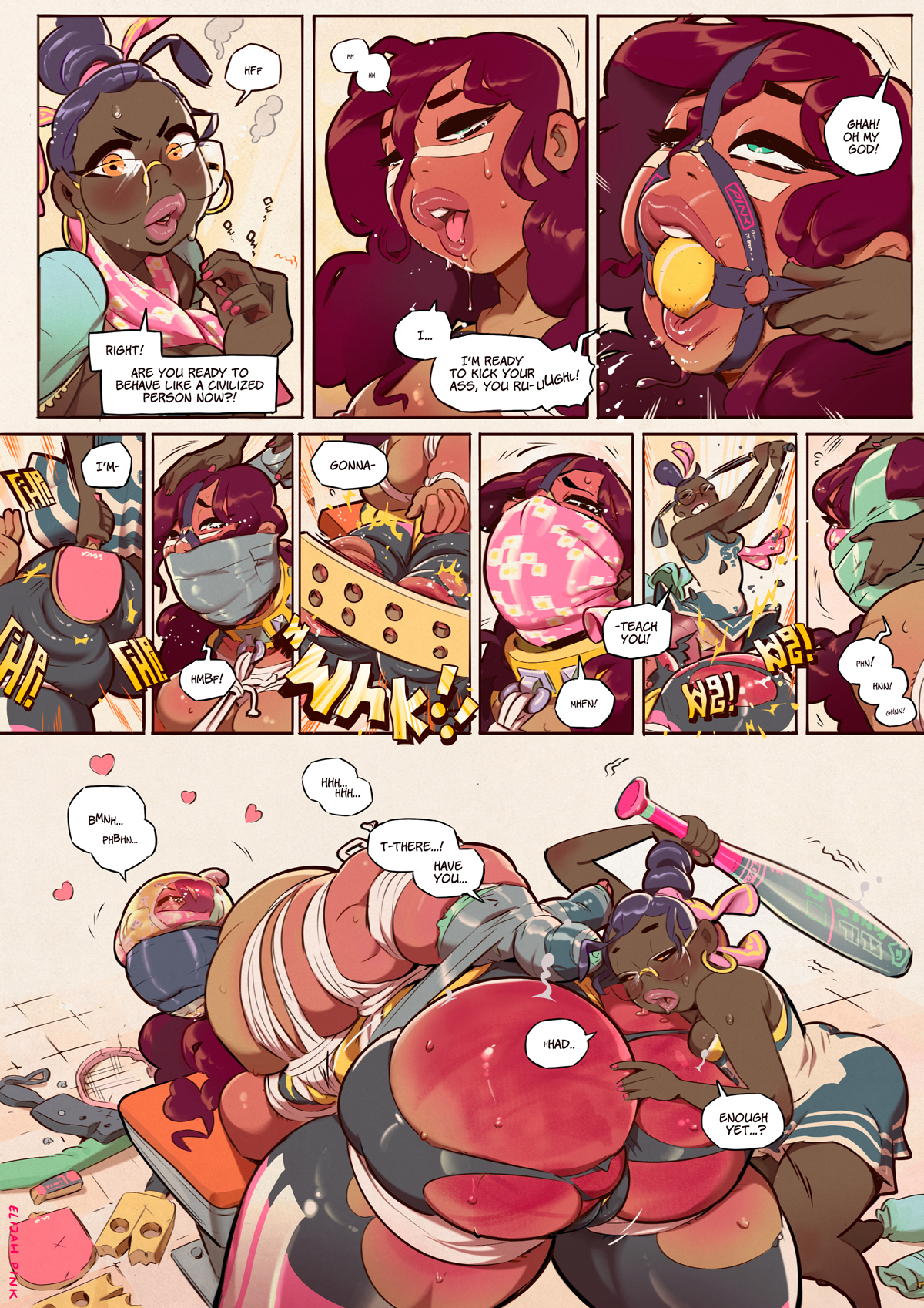 2girls, ass, ball gag, bandage, bandaid on nose, baseball bat, basketball, bodysuit, bondage, bound arms, bound legs, bound wrists, breasts, dark skin, dark-skinned female, dialogue, elijah pink, exhausted, female, femdom, femsub, glasses, gym clothes, huge ass, lezdom, long hair, muscular, muscular female, original, paddle, panties on head, purple hair, red ass, red hair, rope, rope between breasts, rope bondage, short dress, size difference, small dom big sub, spanked, spanked butt, spanking, tape, tape gag, taped hands, text, thick thighs, torn clothes, unitard, workout clothes