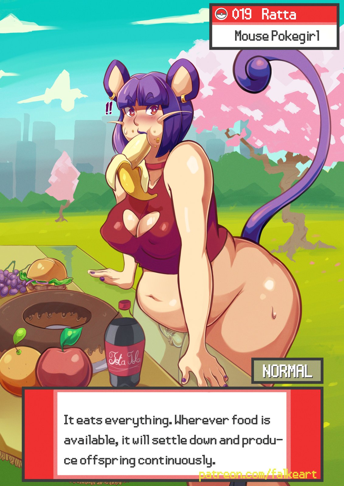 !!, 1girls, banana, bangs, belly, blunt bangs, blush, bob cut, bottomless, cameltoe, choker, chubby, chubby belly, chubby female, cleavage cutout, curvy, detailed background, earrings, eating, eating banana, eating food, eating fruit, english text, falkeart, falkedex, fat, female, female only, food, food in mouth, fruit, heart cutout, hi res, holding, holding banana, holding food, holding fruit, holding object in mouth, humanized, humanized pokemon, leaning on table, looking at viewer, medium hair, milf, mouse ears, mouse girl, mouse tail, mouthful, nintendo, no panties, no pants, pokémon (species), pokemon, pokemon (species), pokemorph, profile, pubic hair, purple hair, purple lipstick, purple-haired female, pussy, rattata, red eyes, slightly chubby, solo, solo female, table, tail, text box, thick thighs, topwear, transparent