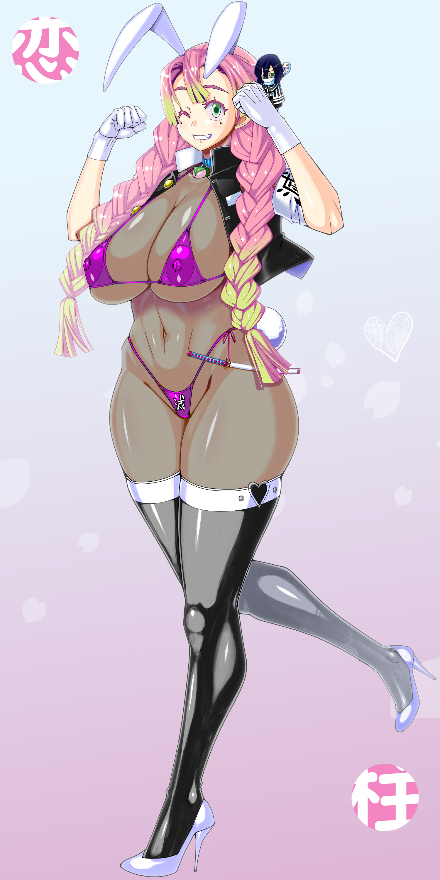 alternate costume, big breasts, bikini, bodystocking, bodysuit, braided hair, breasts, bunny ears, bunny tail, demon slayer, female, female only, full body, gloves, green eyes, high heels, huge breasts, iguro obanai, kimetsu no yaiba, kinokoallstars, long hair, looking at viewer, micro bikini, mole under eye, nipples visible through clothing, open jacket, pink bikini, pink hair, solo, standing, swimsuit, thick thighs, thighhighs, two-tone hair, underboob, white gloves, wide hips, wink
