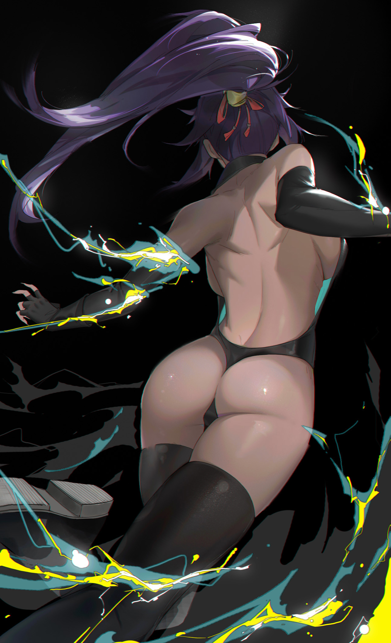 ass, bare back, bare shoulders, black gloves, black legwear, bleach, dark skin, elbow gloves, female, fingerless gloves, gloves, hair ribbon, highres, joehongtee, long hair, ponytail, purple hair, ribbon, shihouin yoruichi, shiny, shiny skin, solo, thighhighs, toned
