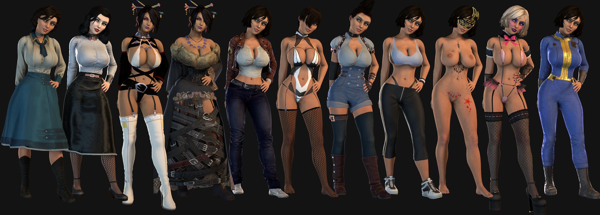 11girls, 3d, 3d (artwork), alternate costume, alternate version available, athletic, athletic female, bioshock, bioshock infinite, black hair, blue eyes, breasts, brown hair, busty, clothing, crossover, curvy, elizabeth comstock, engineer, eyelashes, fallout, female, final fantasy, final fantasy x, fit, fit female, footwear, handwear, hips, huge breasts, human, large breasts, legs, light skin, light-skinned female, lips, lordaardvark, lulu (final fantasy), mature, mature female, multiple females, multiple girls, pose, posing, purple lipstick, sfm, short hair, source filmmaker, thick, thick thighs, thighhighs, thighs, upper body, vault girl, vault suit, voluptuous, waist, wide hips