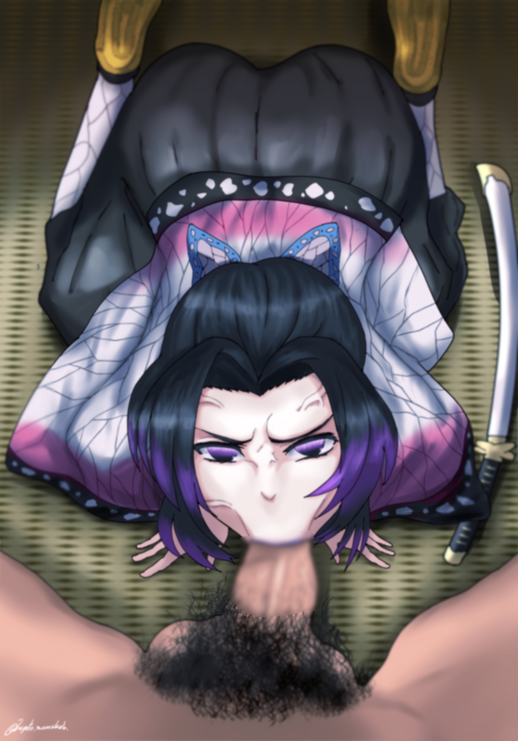 :>=, angry, angry fellatio, black hair, blowjob, blowjob face, butterfly hair ornament, demon slayer, eye contact, female, female focus, haori, kimetsu no yaiba, kochou shinobu, male, oral, penis, pov, pubic hair, purple eyes, two-tone hair