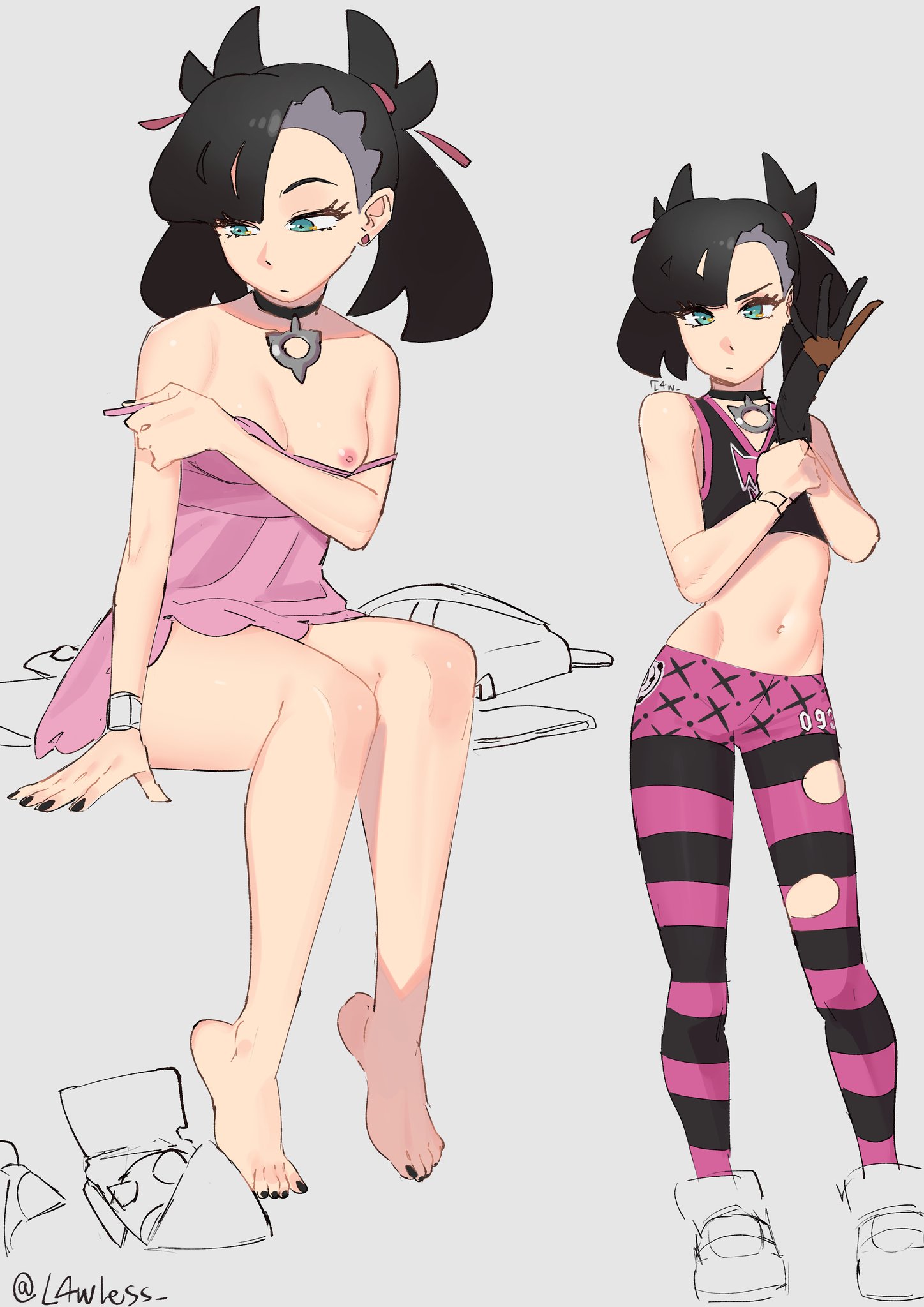 1girls, black hair, black nails, breasts, choker, earrings, eyelashes, female, female only, green eyes, l4wless, leggings, looking at viewer, marnie (pokemon), multiple views, nail polish, nintendo, nipples, pants, pink dress, pokemon, pokemon ss, single glove, small breasts, twitter username
