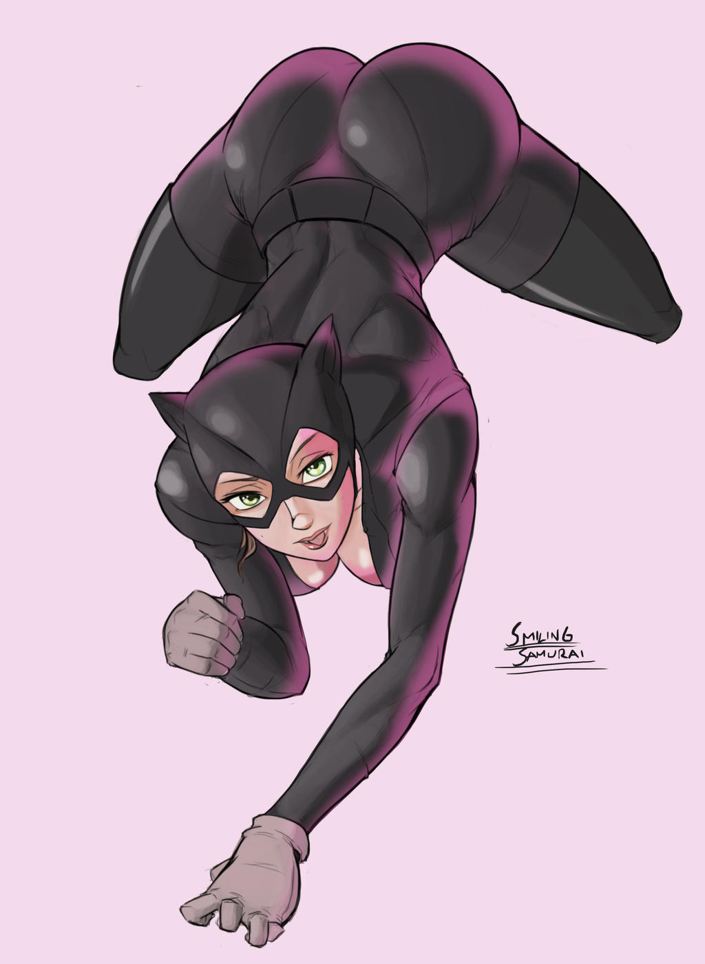 1girls, all fours, ass, batman (series), big ass, bodysuit, brown hair, catsuit, catwoman, cleavage, dc, dc comics, female, female only, gloves, green eyes, looking at viewer, plain background, pose, selina kyle, skin tight, smiling samurai, solo, thighhighs, tongue, tongue out
