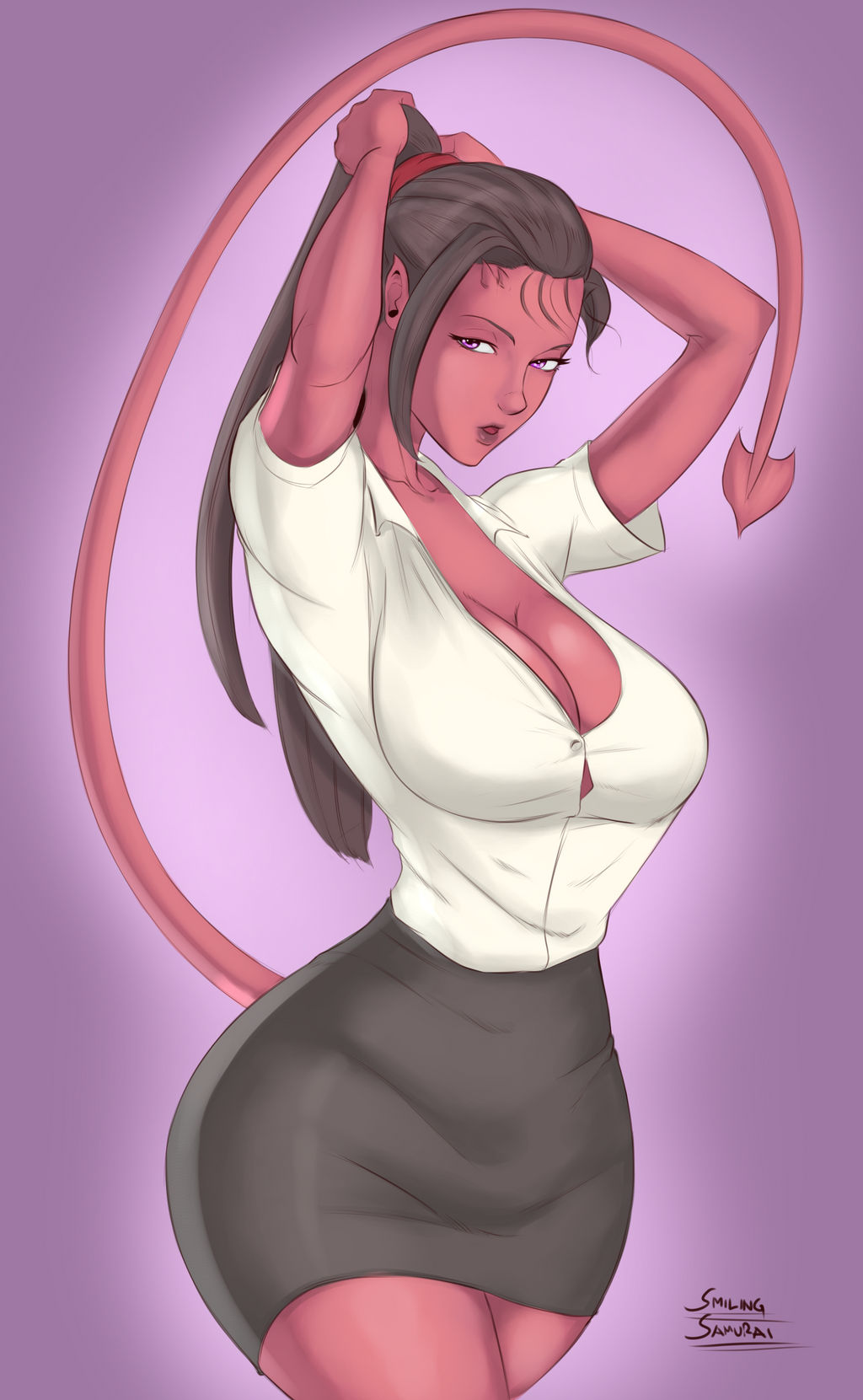 1girls adjusting_hair breasts brown_hair cleavage demon demon_girl demon_tail female female_only fully_clothed hands_above_head large_breasts long_hair looking_at_viewer office_lady original original_character pencil_skirt pink_eyes pointy_ears ponytail purple_eyes red_skin shirt skirt smiling_samurai solo thick_thighs wide_hips