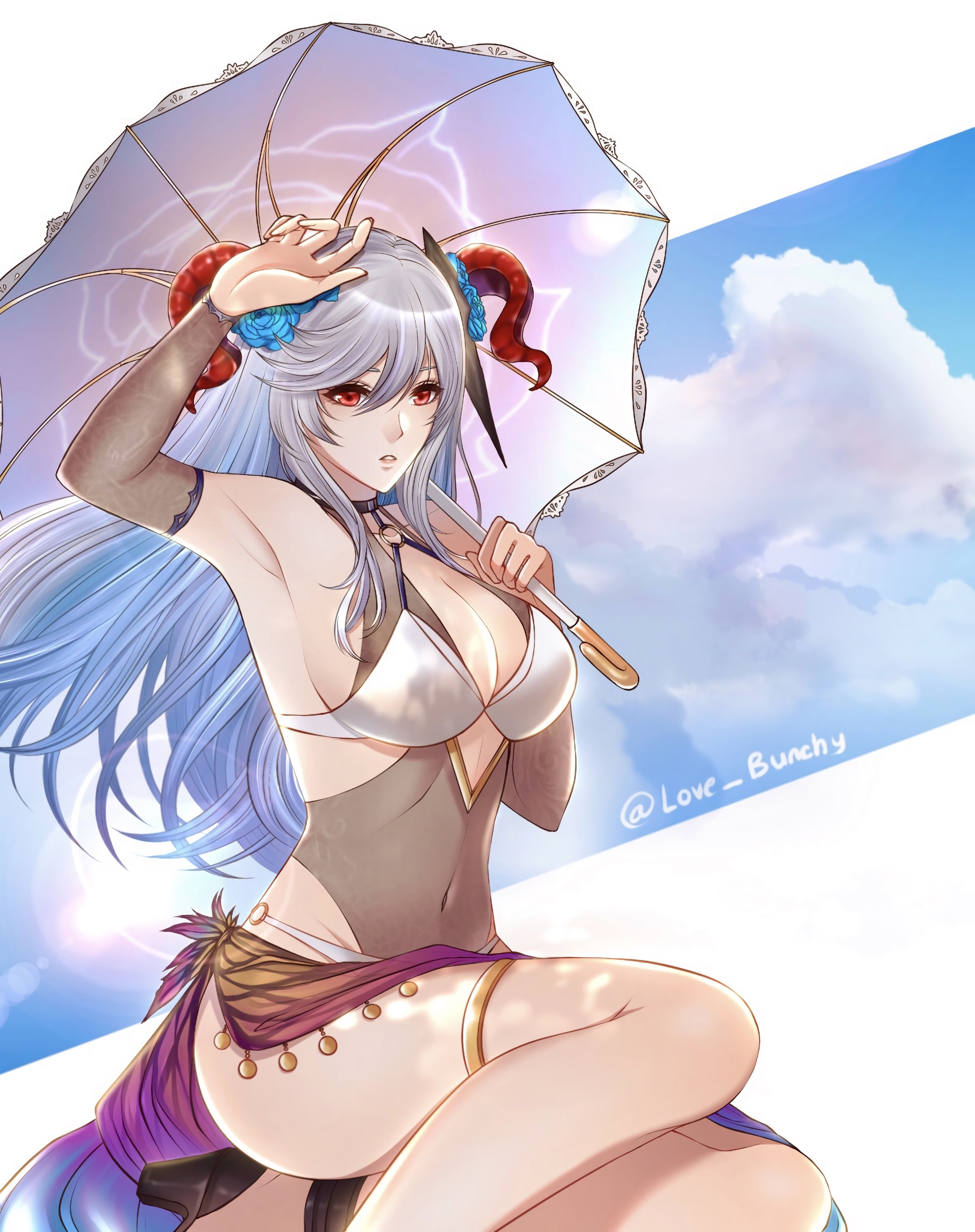 1girls, alternate costume, armpits, big breasts, bikini, breasts, cleavage, female, fire emblem, fire emblem heroes, freyja (fire emblem), goat girl, horns, large breasts, love bunchy, nintendo, one-piece swimsuit, red eyes, red horns, sarong, solo, solo female, summer, swimsuit, umbrella, white bikini, white hair, white swimsuit