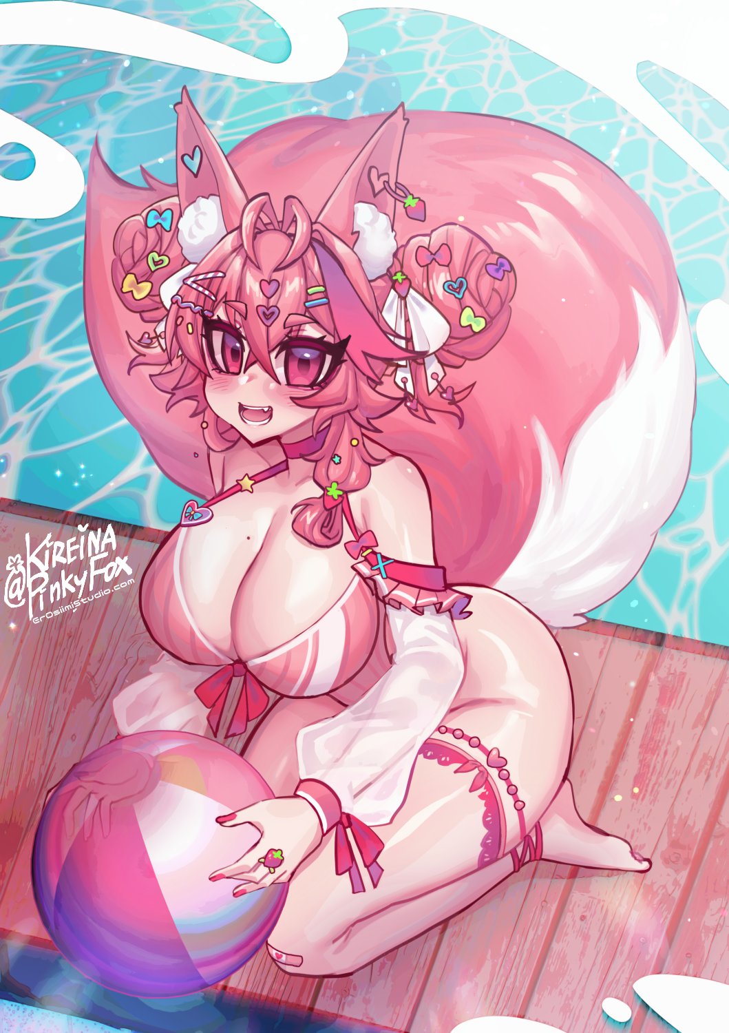 alternate hairstyle, beach ball, big breasts, breasts, cleavage, female, fox ears, fox girl, fox tail, hair bun, hair ornament, huge breasts, kireina pinky fox, kneeling, looking at viewer, one-piece swimsuit, original, osiimi, pink eyes, pink hair, pinky fox (osiimi), swimsuit, virtual youtuber, water