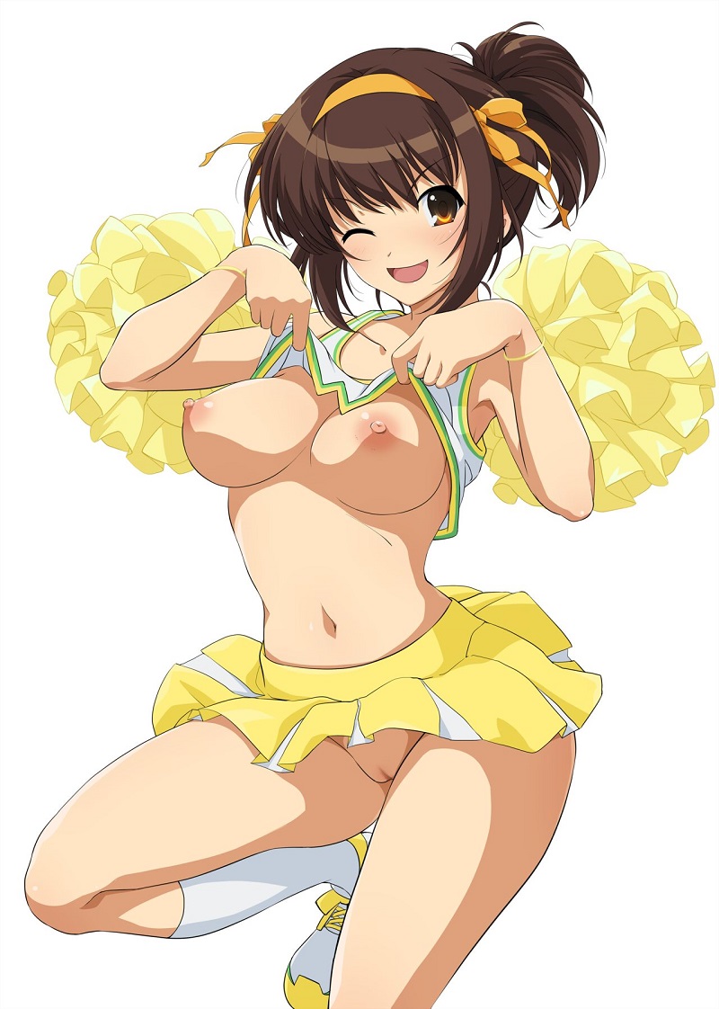 1girls, alternate hairstyle, areolae, blush, breasts, breasts out, brown eyes, brown hair, cheerleader, clothing, crop top, exposed breasts, exposed pussy, female, female focus, female only, flashing, hairband, haruhisky, medium breasts, miniskirt, nipples, no bra, no panties, one eye closed, pom poms, pussy, shirt, shirt lift, short hair, short ponytail, skirt, solo, standing on one leg, suzumiya haruhi, suzumiya haruhi no yuuutsu, thighs, uncensored, yellow skirt