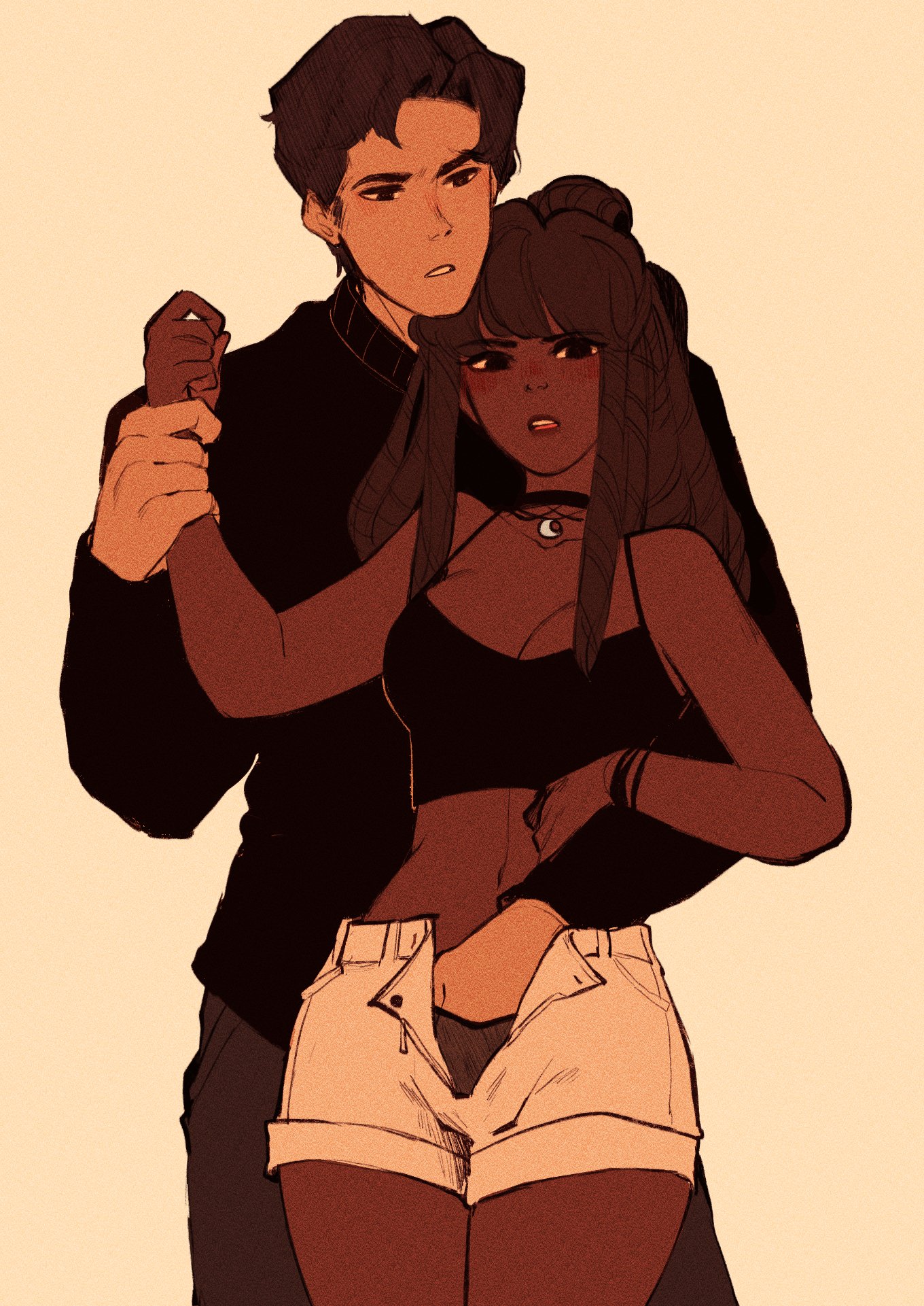 1boy, 1girls, black hair, borrowed character, breasts, choker, cleavage, clothed, collarbone, dark skin, dark-skinned female, dreadlocks, female, fingering, hand in panties, linmiee, male, medium breasts, midriff, navel, necklace, original, original character, panties, short shorts, shorts, simple background, standing, tank top, unbuttoned, unbuttoned shorts, wrist grab