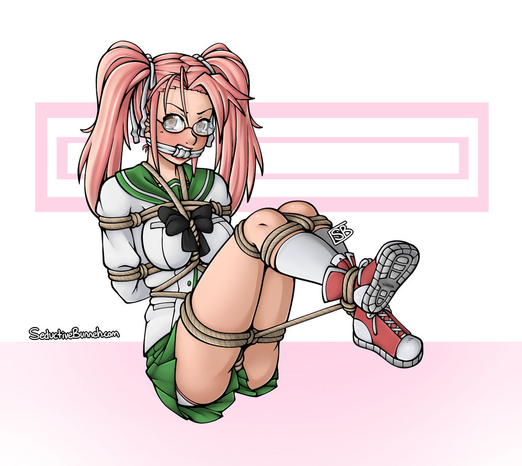 1girls bondage bound_and_gagged cleave_gag female female_only gag glasses highschool_of_the_dead nerdy_female pink_hair pink_shoes rope_bondage saya_takagi seductivebunneh shoes socks solo solo_female tied_up twintails