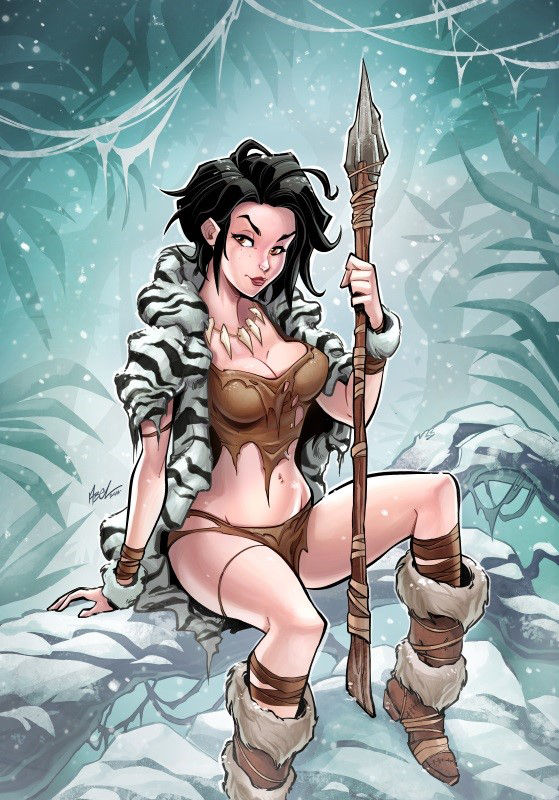 black_hair boots comic_cover cover_art fur_boots fur_coat grimm_fairy_tales_(comic) grimm_fairy_tales_zenescope grimms'_fairy_tales jungle loincloth looking_at_viewer martin_abel mowglii_(zenescope) necklace ragged_bikini ragged_clothing rule_63 short_hair sitting sitting_on_log sitting_on_tree smug_face snow spear the_jungle_book tiger_skin white_tiger_print winter zenescope zenescope_entertainment