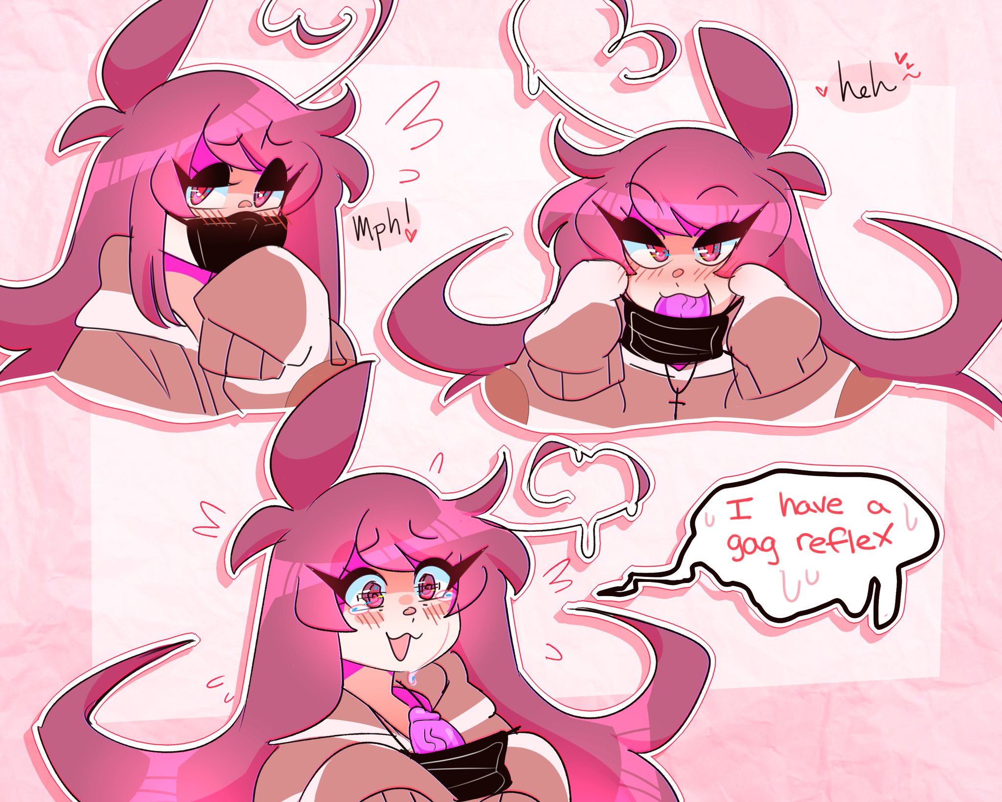 :3, blowjob, cute, deepthroat, deepthroat holder, deepthroat smile, dialogue, dildo, dildo mask, eyeshadow, female, gag, gagged speech, gagging, lee (secretnarcissist), long hair, mask, meme, oral, pink eyes, pink hair, secretnarcissist, solo, teenager, throat training