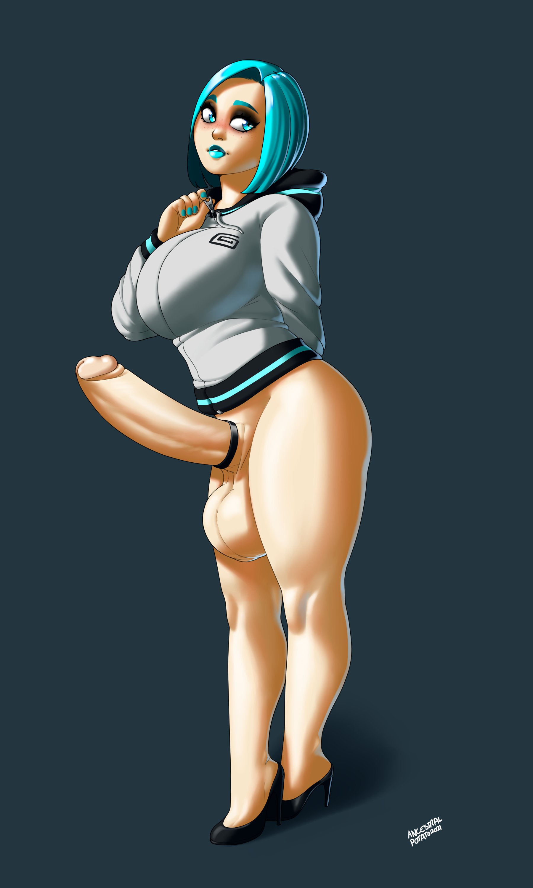 1futa, balls, big breasts, blue hair, breasts, clothed, clothing, cock ring, erection, full body, futa only, futanari, high heels, huge balls, huge cock, human, intersex, io (syntheticpotato), jacket, light skin, light-skinned futa, original character, pale skin, partially clothed, penis, short hair, solo, standing, syntheticpotato, wide hips