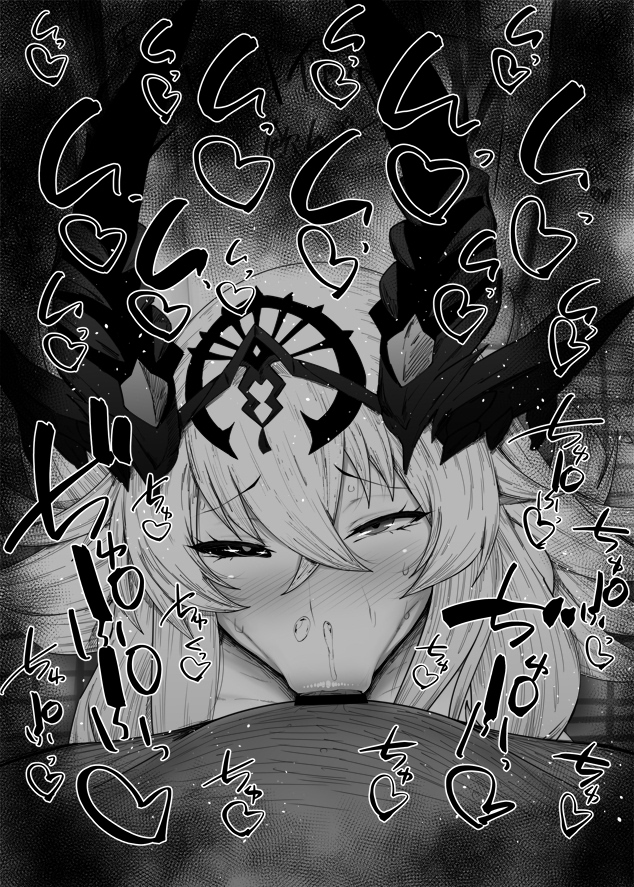:>=, 1boy, 1girls, all the way to the base, barghest (gawain) (fate), bathroom, big penis, black and white, blowjob, blush, censored, cum in mouth, cum in throat, cum out nose, dark skin, dark-skinned male, deepthroat, deepthroat mark, demon, demon girl, detailed background, drooling, eye contact, eyelashes, fate (series), fate/grand order, fellatio, female, hair ornament, half-closed eyes, hands-free, heart, horn, humanoid, indoor, inside, interspecies, japanese text, kurotama, long hair, looking at viewer, male, male pov, oral, oral sex, penis, pleasure face, pov, room, saliva, saliva trail, shiny, shiny skin, sketch, sound effects, sweat, text, tight throat, toilet, vein, veins, veiny, veiny penis